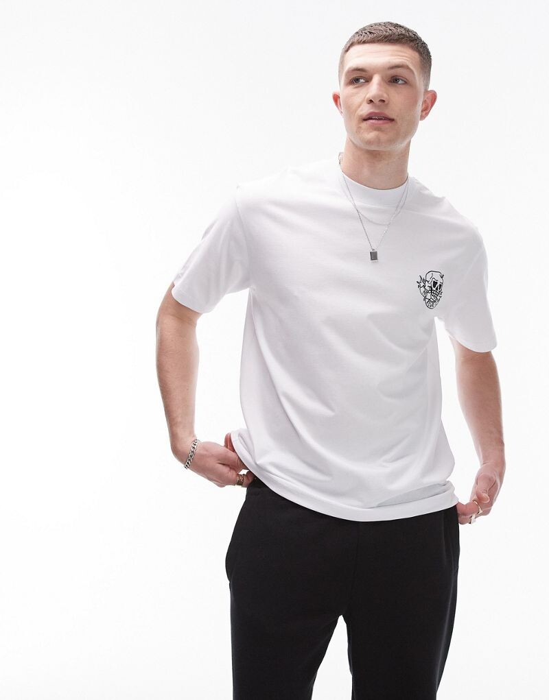 

Белая футболка оверсайз с вышивкой черепа и слов Topman