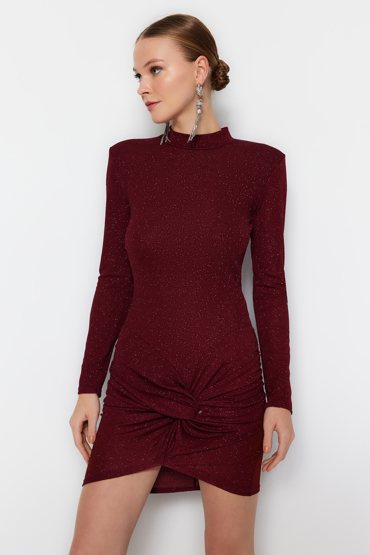 Бордовое приталенное блестящее вязаное элегантное вечернее платье Trendyol, бордовый