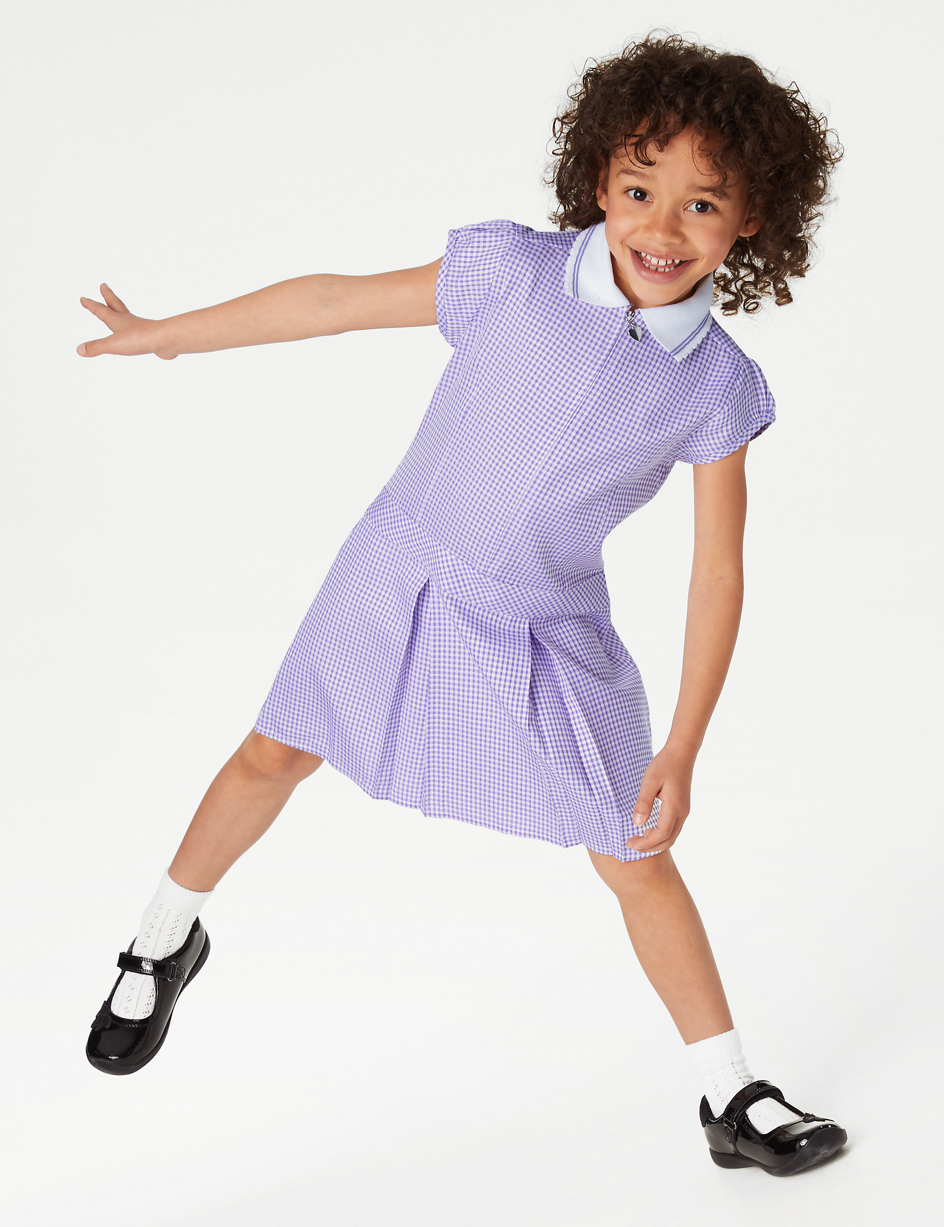 Школьное платье в мелкую клетку со складками для девочек (2–14 лет) Marks & Spencer, сирень