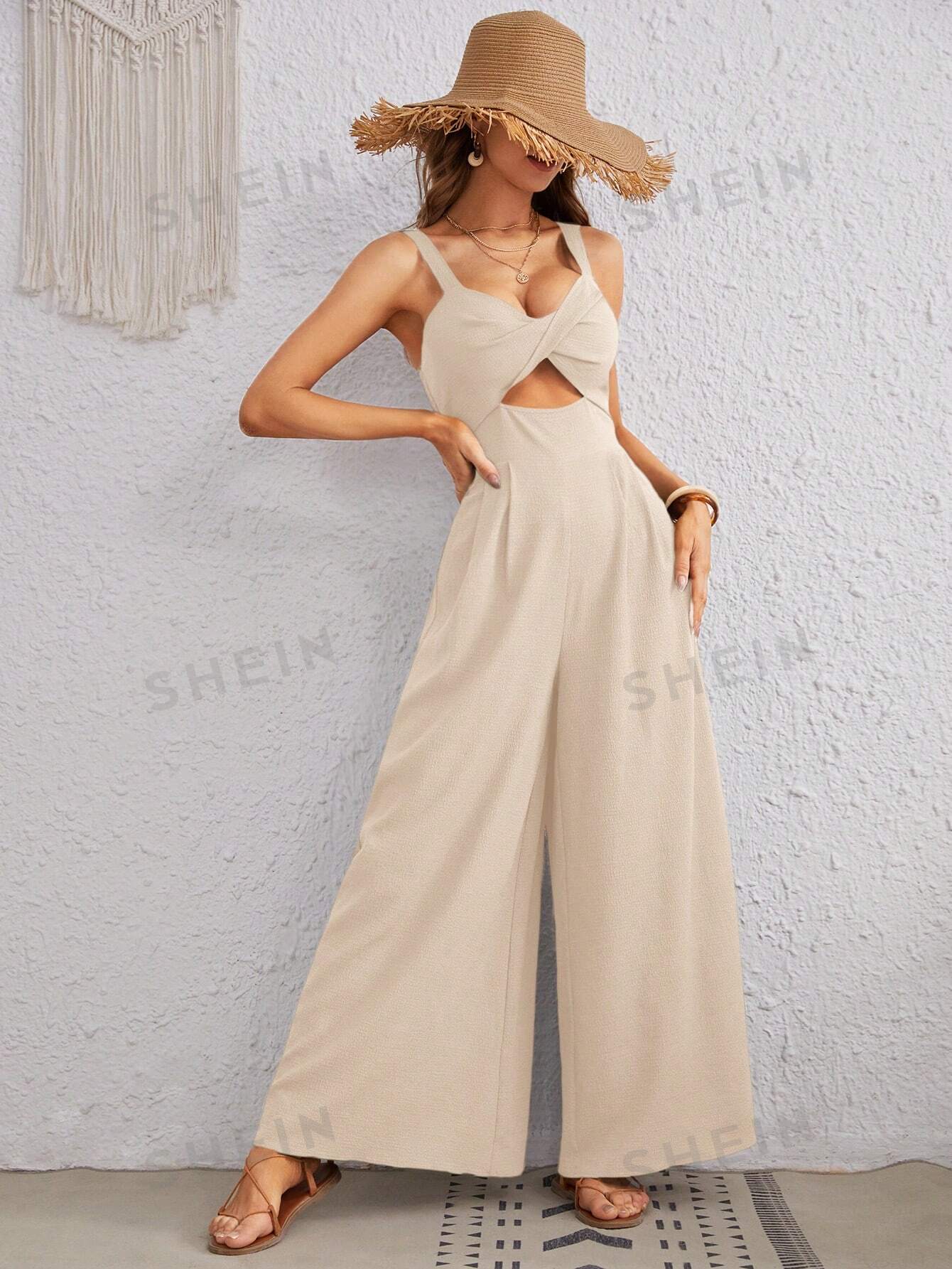 SHEIN VCAY Однотонный широкий комбинезон с вырезом и витым узлом, абрикос популярный модный свободный женский комбинезон однотонный женский комбинезон