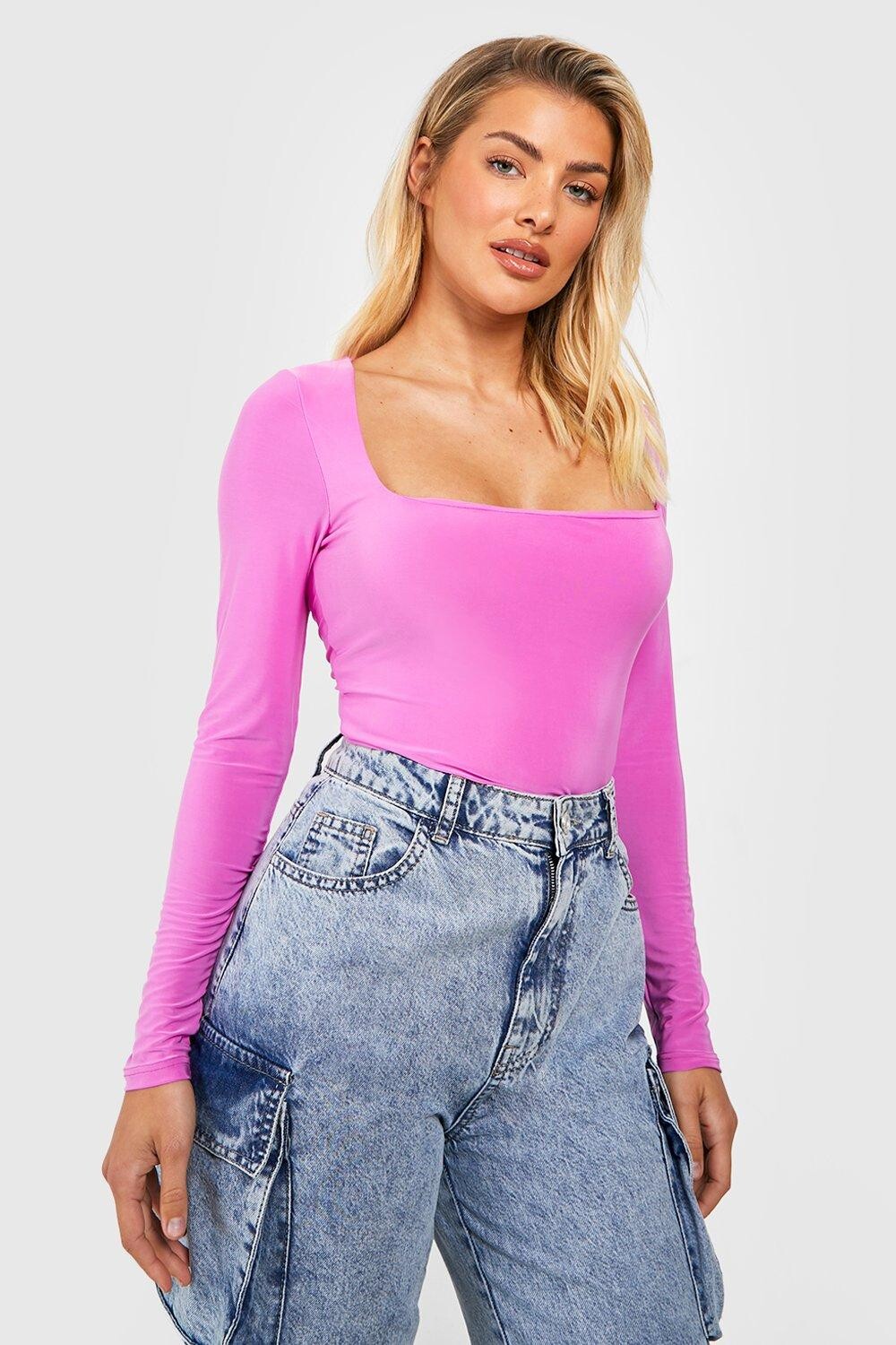 

Двухслойное боди с квадратным вырезом и длинными рукавами Boohoo, розовый