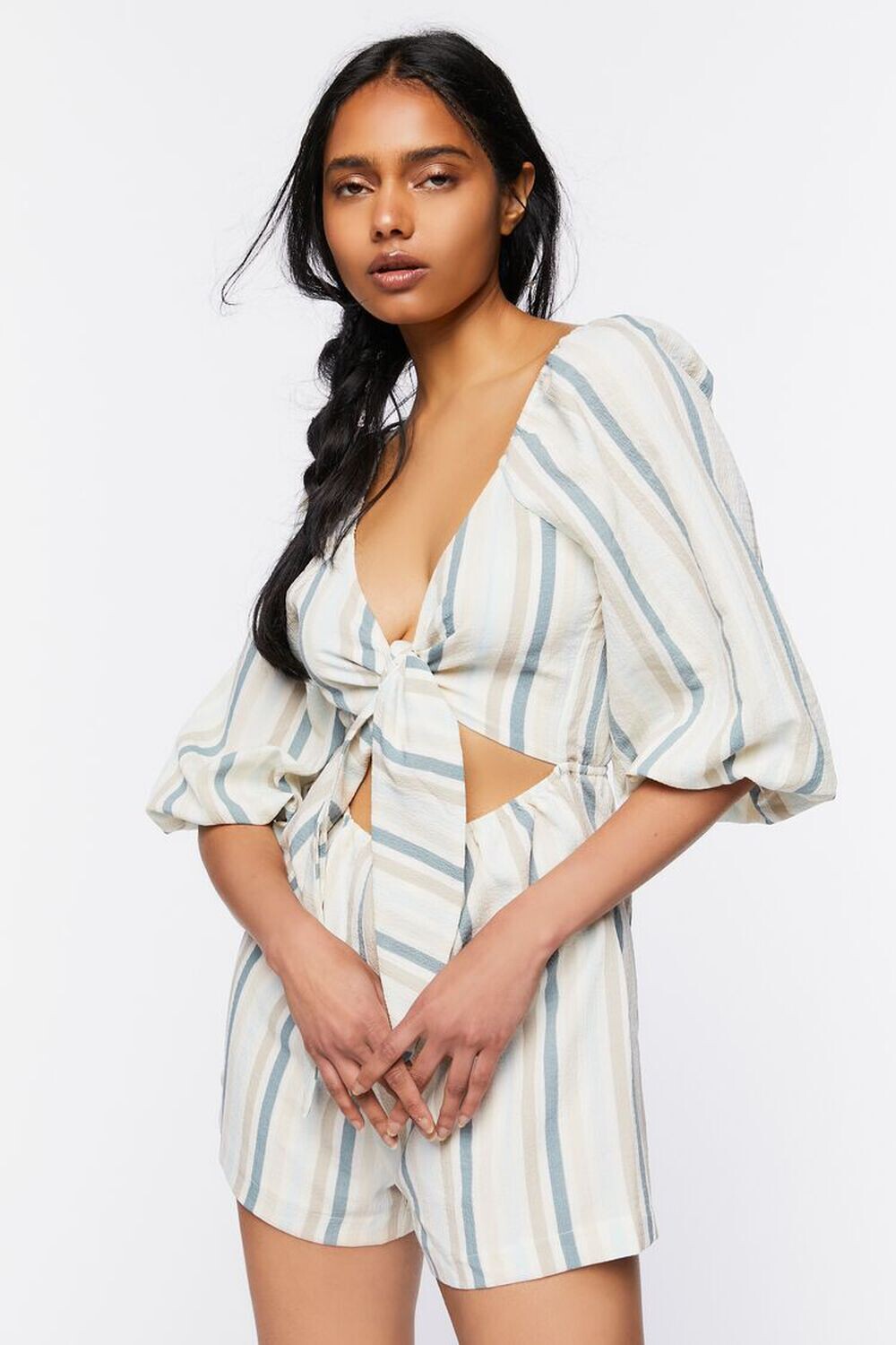 

Полосатый комбинезон с вырезом и завязкой спереди Forever 21, синий