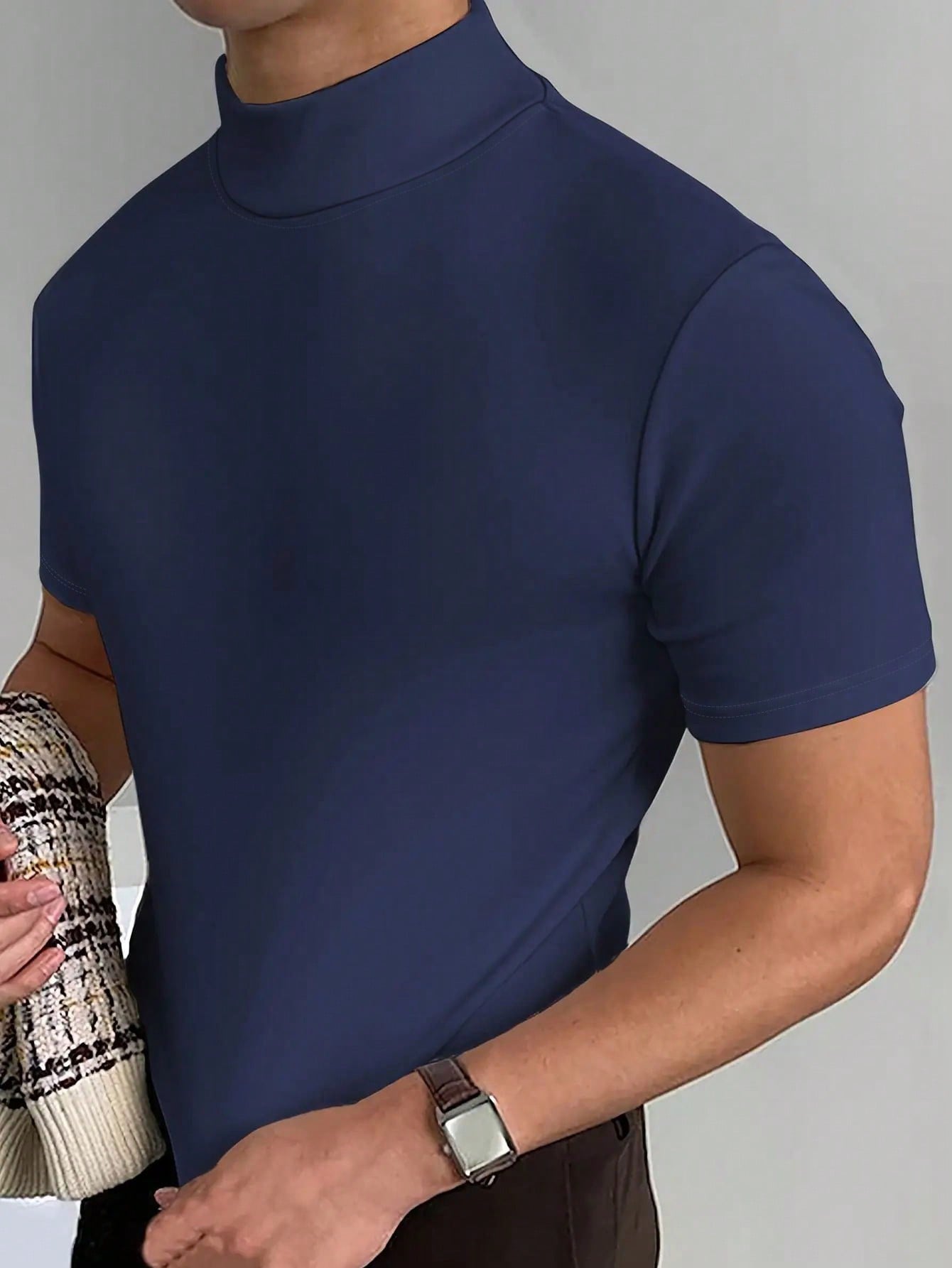 Мужская однотонная футболка с воротником-стойкой и коротким рукавом, королевский синий