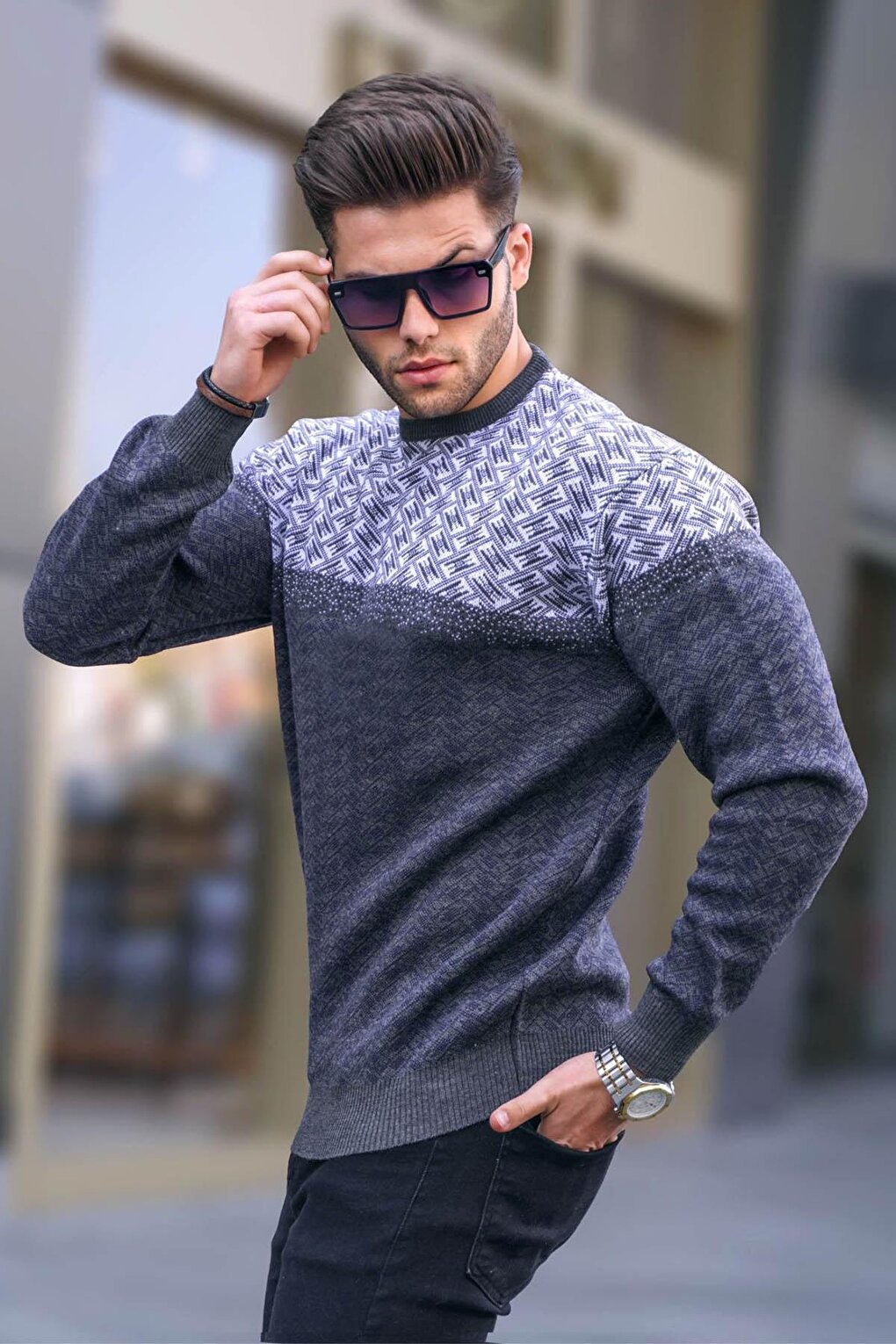 Мужской вязаный свитер с узором антрацит 5977 MADMEXT