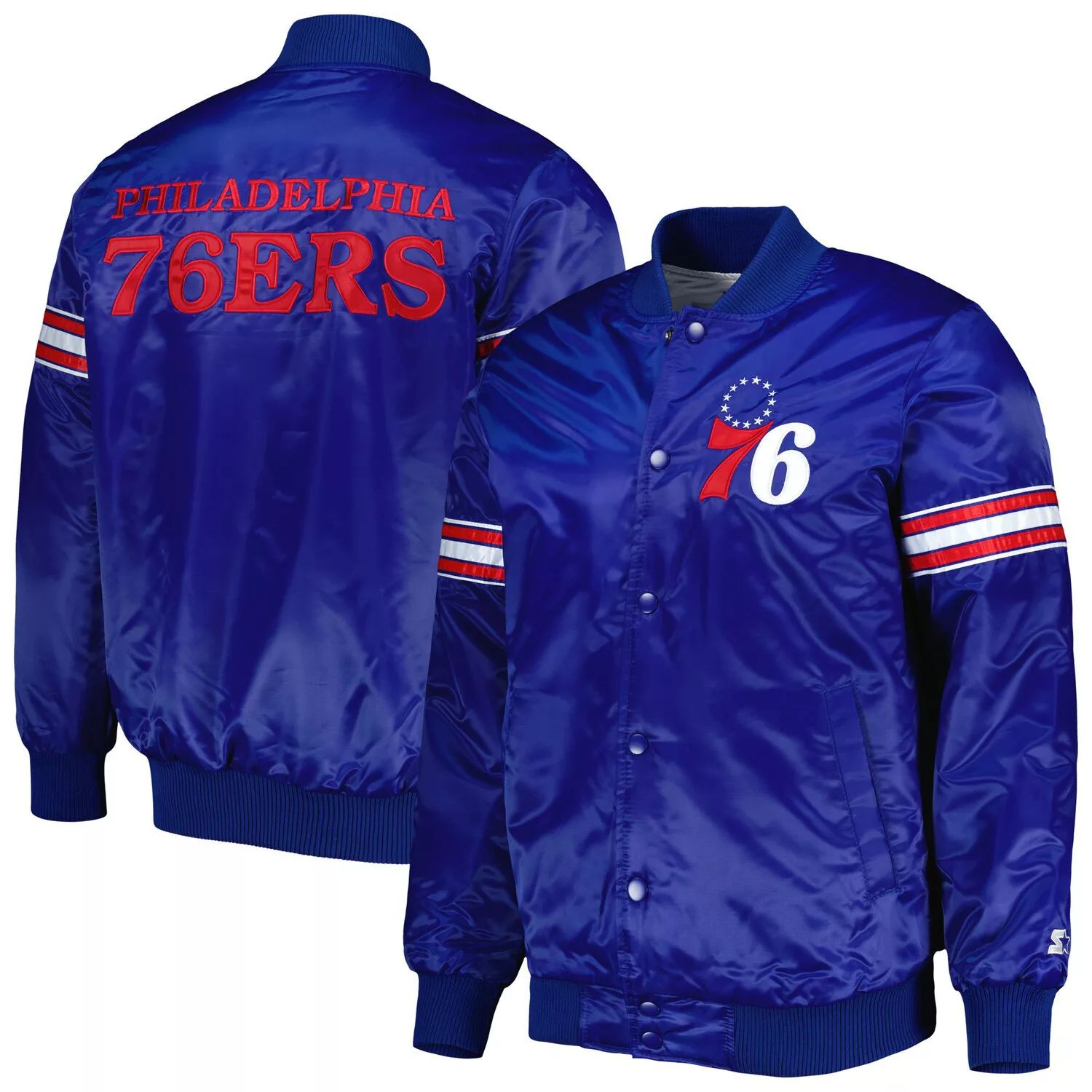 Мужская атласная университетская куртка с длинными кнопками Royal Philadelphia 76ers Pick & Roll Starter