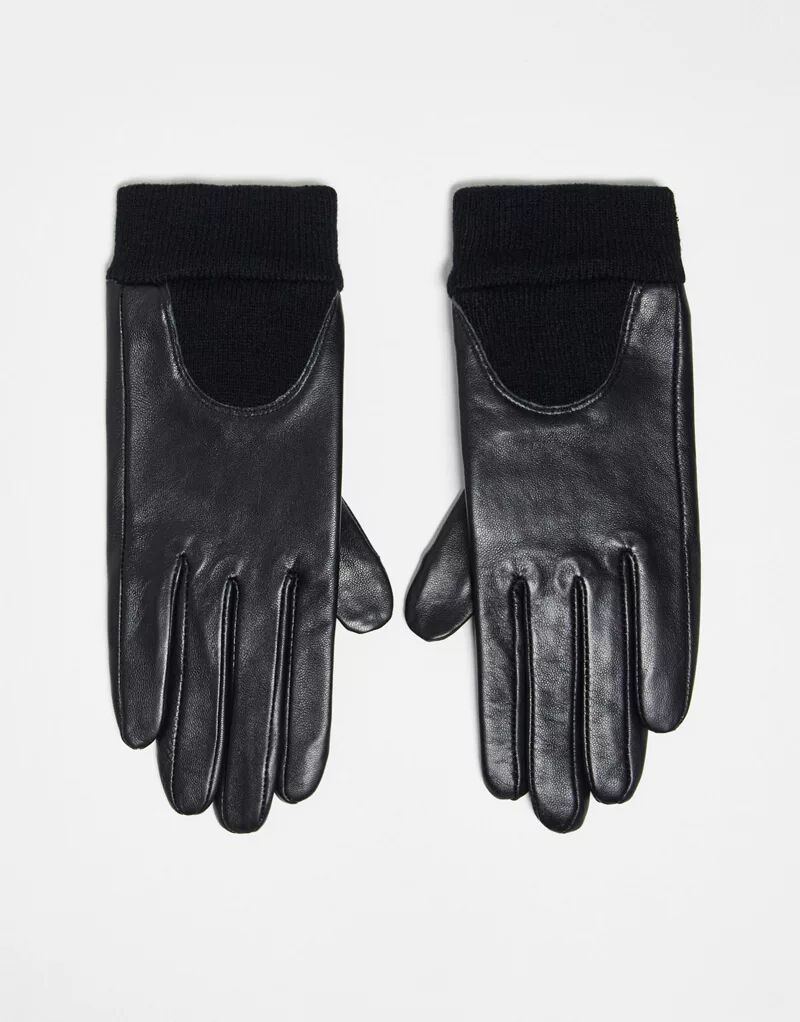 Черные кожаные перчатки с ребристыми манжетами ASOS