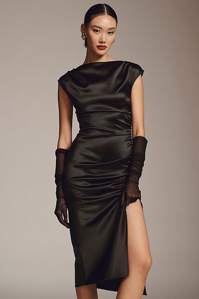 Платье миди BHLDN Francesca из эластичного атласа с высоким воротником, черный francesca ferrante короткое платье