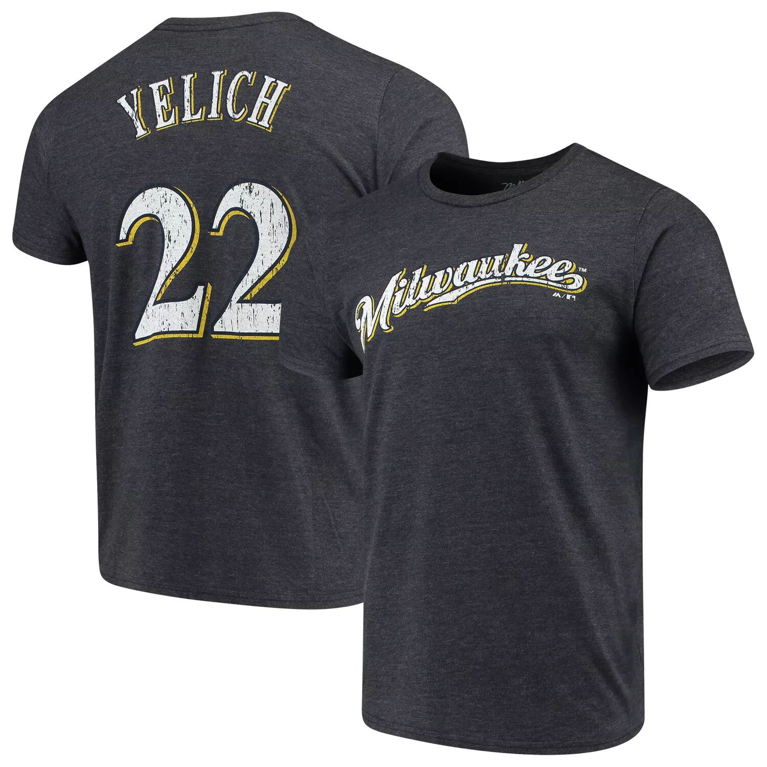 

Мужские нитки Christian Yelich Navy Milwaukee Brewers Футболка Tri-Blend с именем и номером Majestic