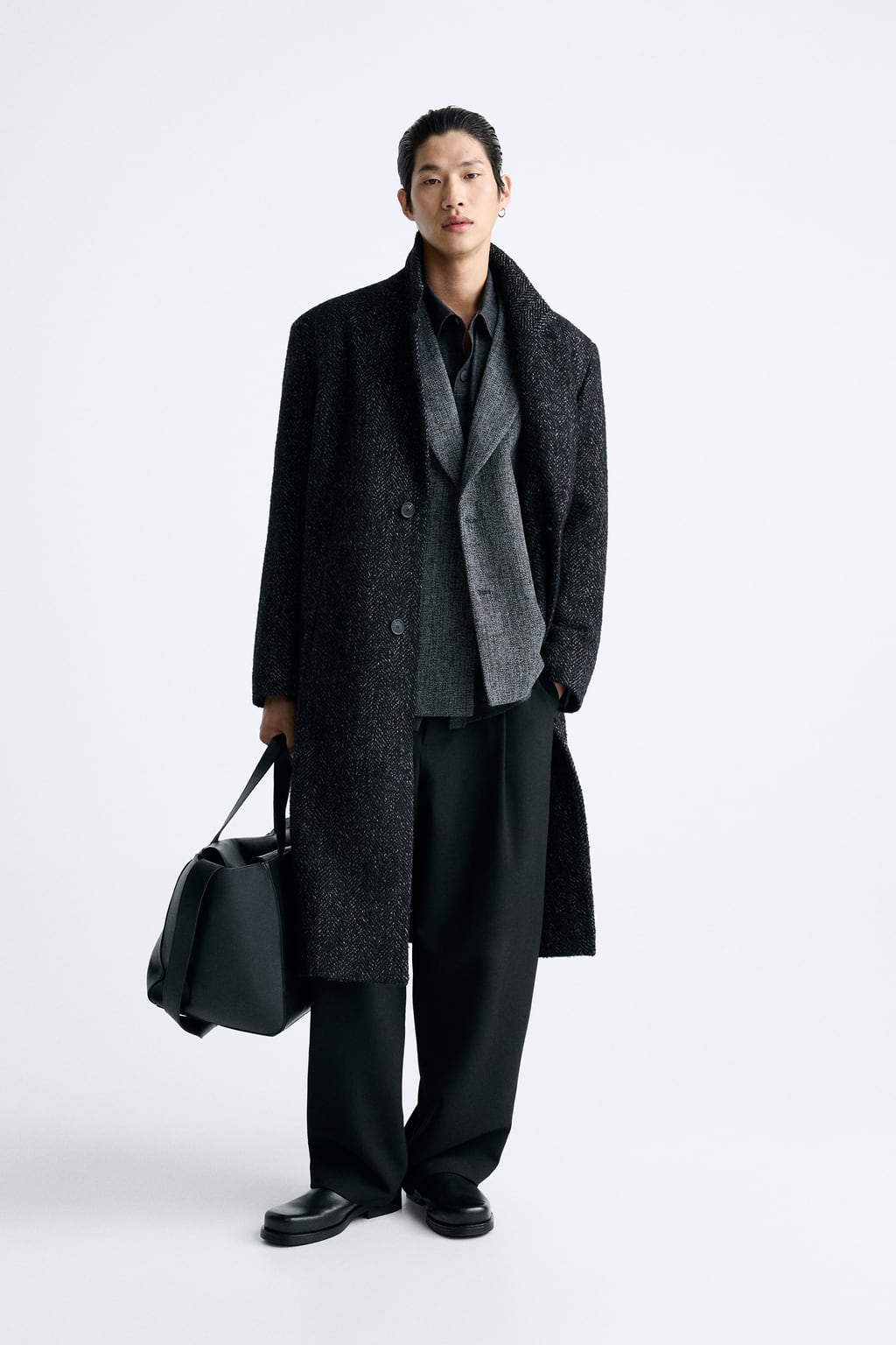 

Фактурное пальто с рисунком «елочка» ZARA, серый