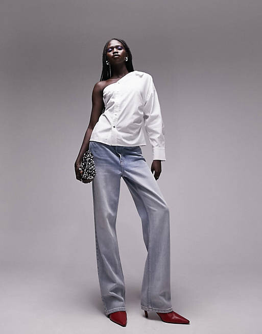 

Белая рубашка на одно плечо из поплина Topshop