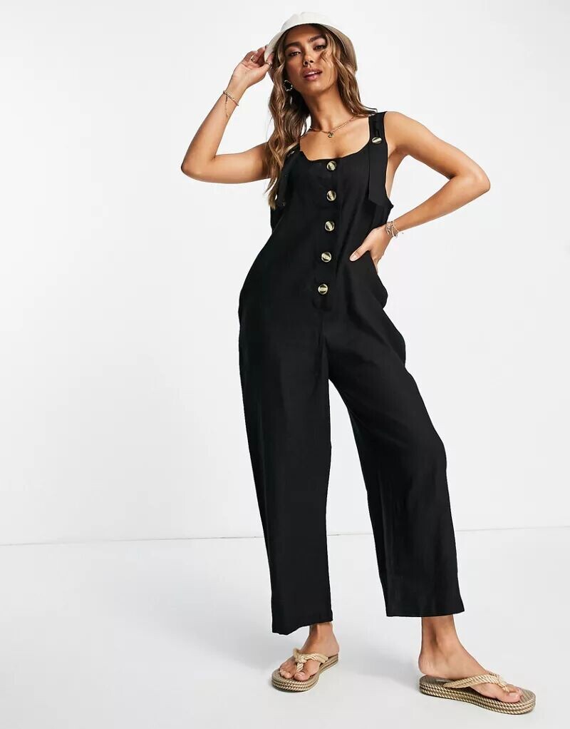 

Черный льняной комбинезон ASOS с пуговицами на бретелях