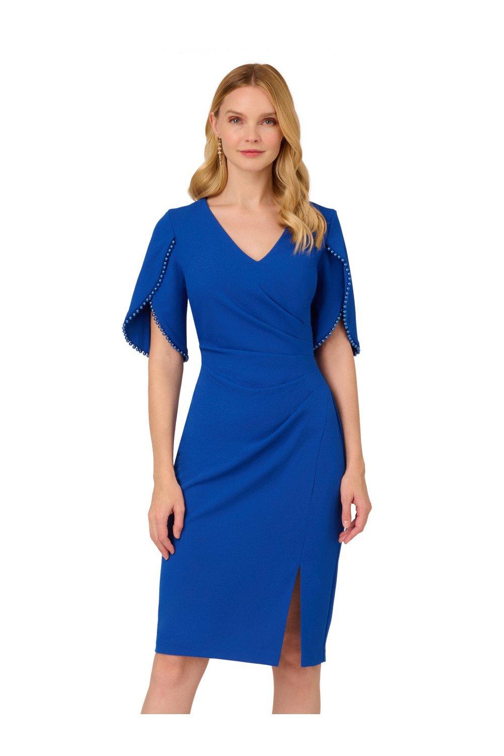 Вязаное платье из крепа с жемчужной отделкой Adrianna Papell, синий