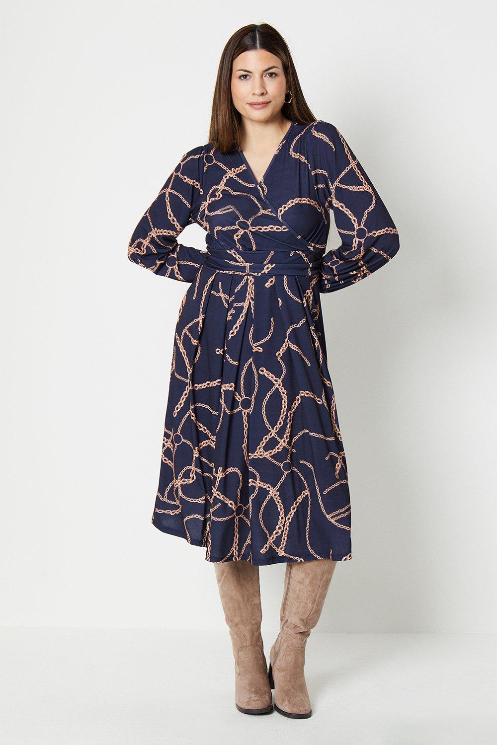 Плиссированное платье миди с длинными рукавами и запахом из джерси Wallis, темно-синий
