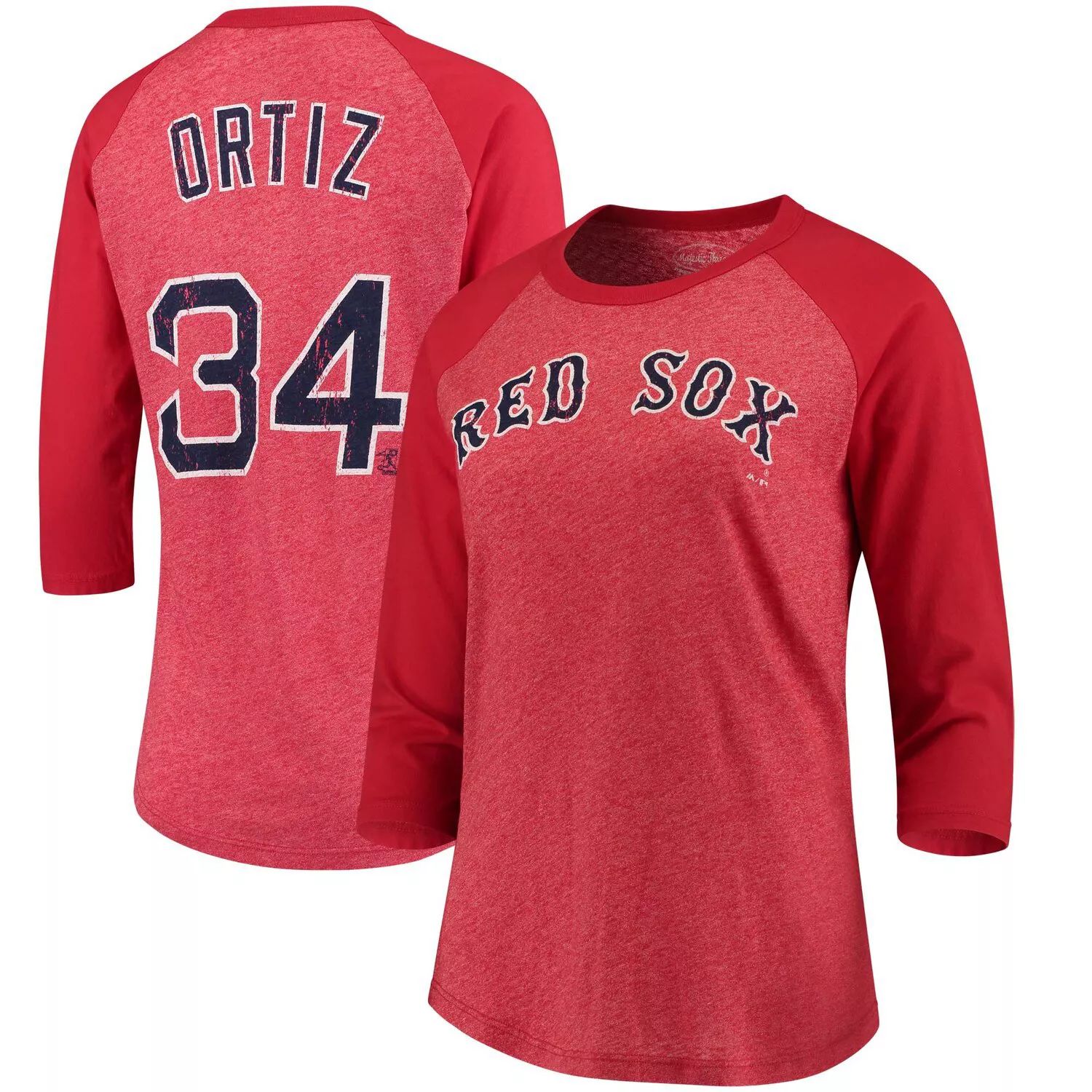 Женская футболка Majestic Threads David Ortiz Red Boston Red Sox, футболка Tri-Blend длиной три четверти с именем и номером реглан Majestic
