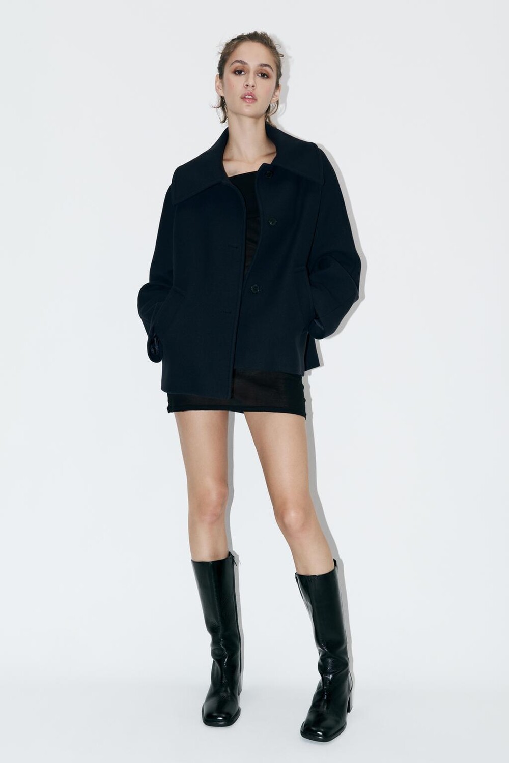 

Короткое полушерстяное пальто ZARA, темно-синий