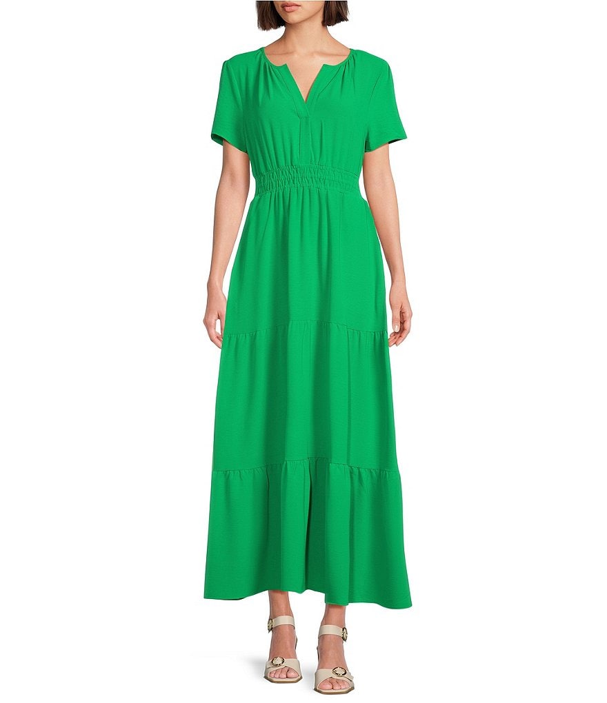 dunkling leslie six sketches Платье макси с присборенной талией Leslie Fay, многоуровневая юбка с короткими рукавами и V-образным вырезом, зеленый