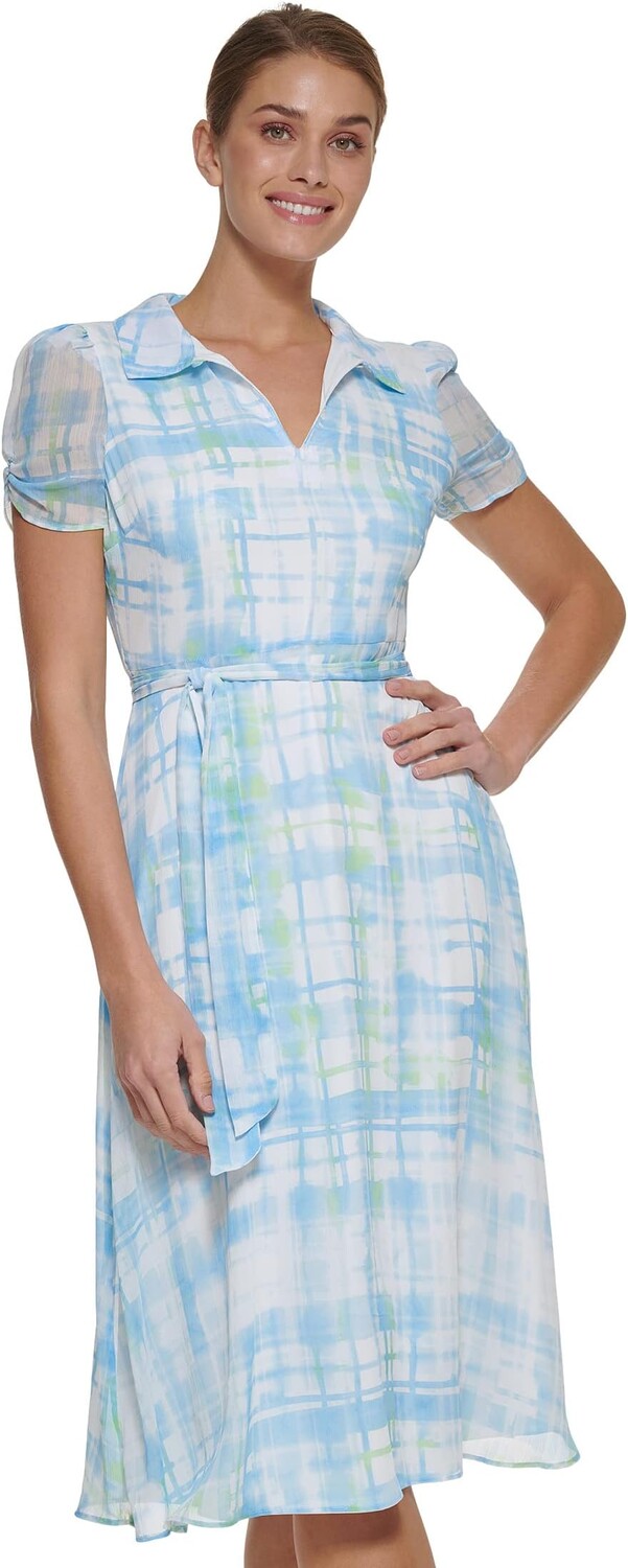 

Платье со рюшами и рукавами DKNY, цвет Zelda Blue Multi
