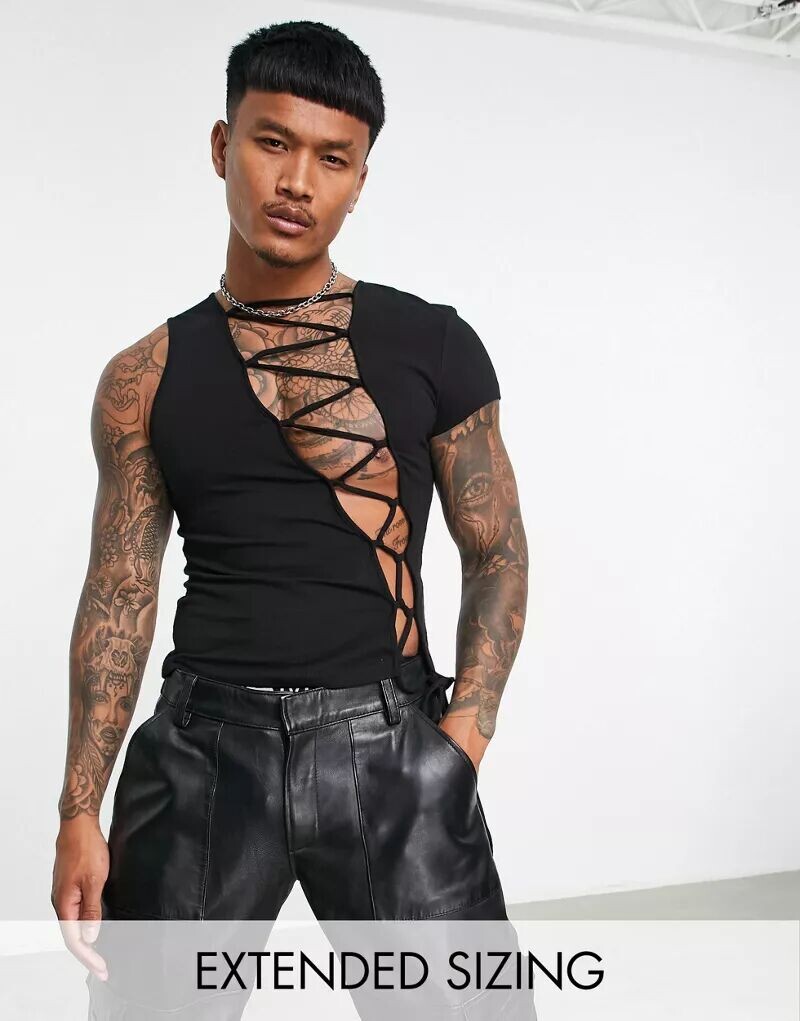

Черная футболка с асимметричной шнуровкой ASOS