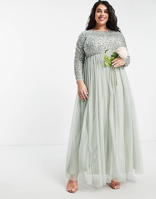 

Платье макси из тюля Maya Plus Bridesmaid с длинными рукавами и нежными пайетками в тон шалфейного цвета