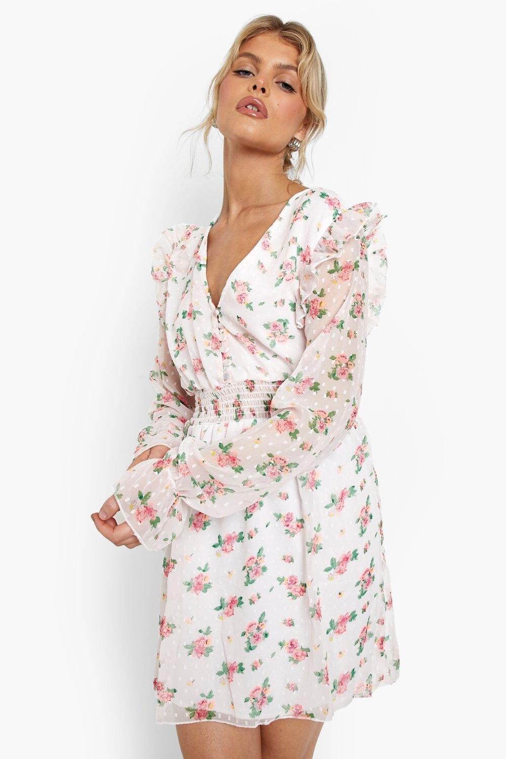 

Платье-скейтер с цветочным цветом Boohoo, белый