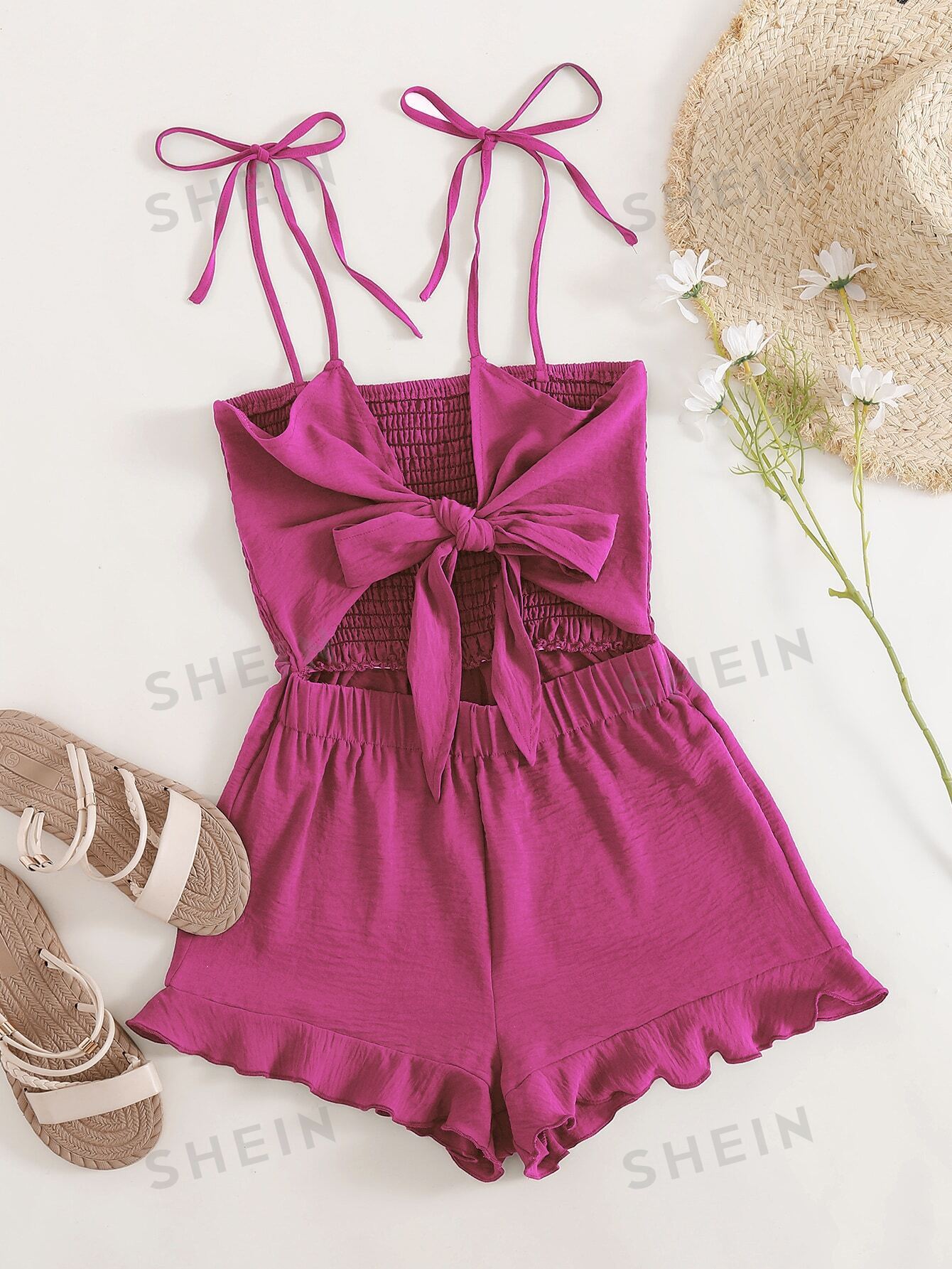 SHEIN VCAY Женский комбинезон с завязкой спереди, открытой спиной и шортами, ярко-розовый