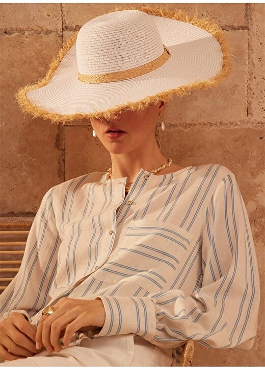 

Yargici Normal Crew Neck Striped Ecru — синяя женская рубашка Yargıcı