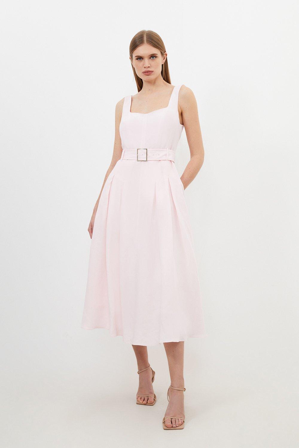 Миниатюрное льняное платье миди премиум-класса с квадратным вырезом и поясом Karen Millen, розовый цена и фото