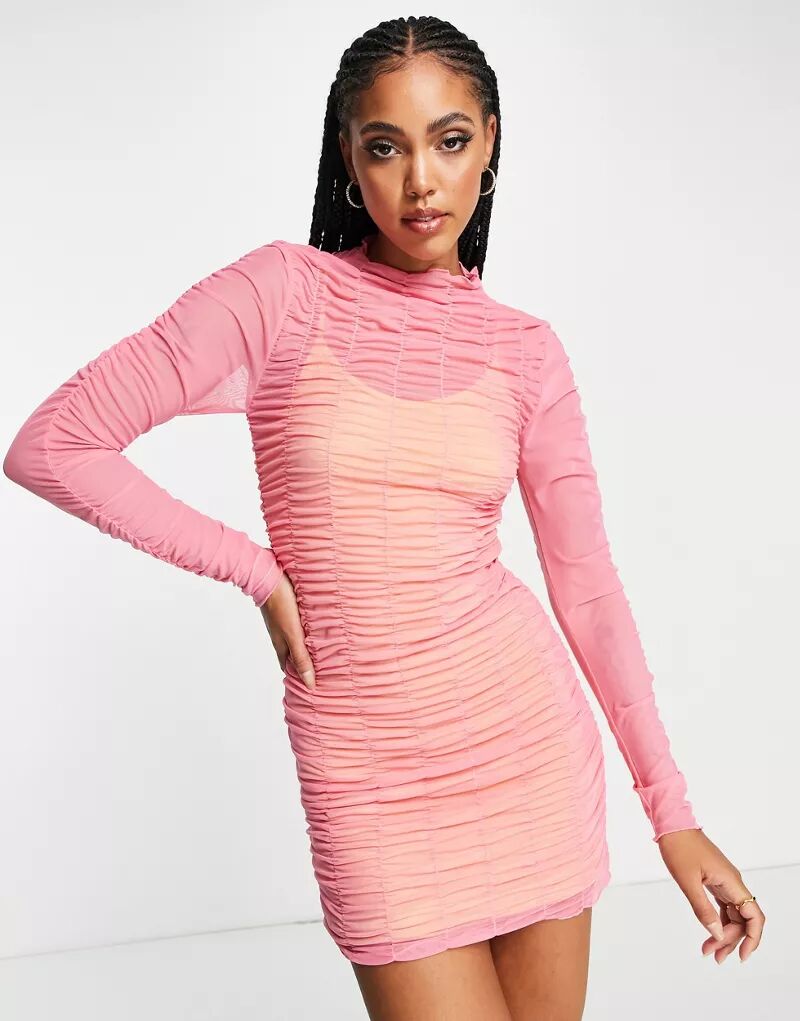Розовое многослойное сетчатое платье мини со сборками Topshop