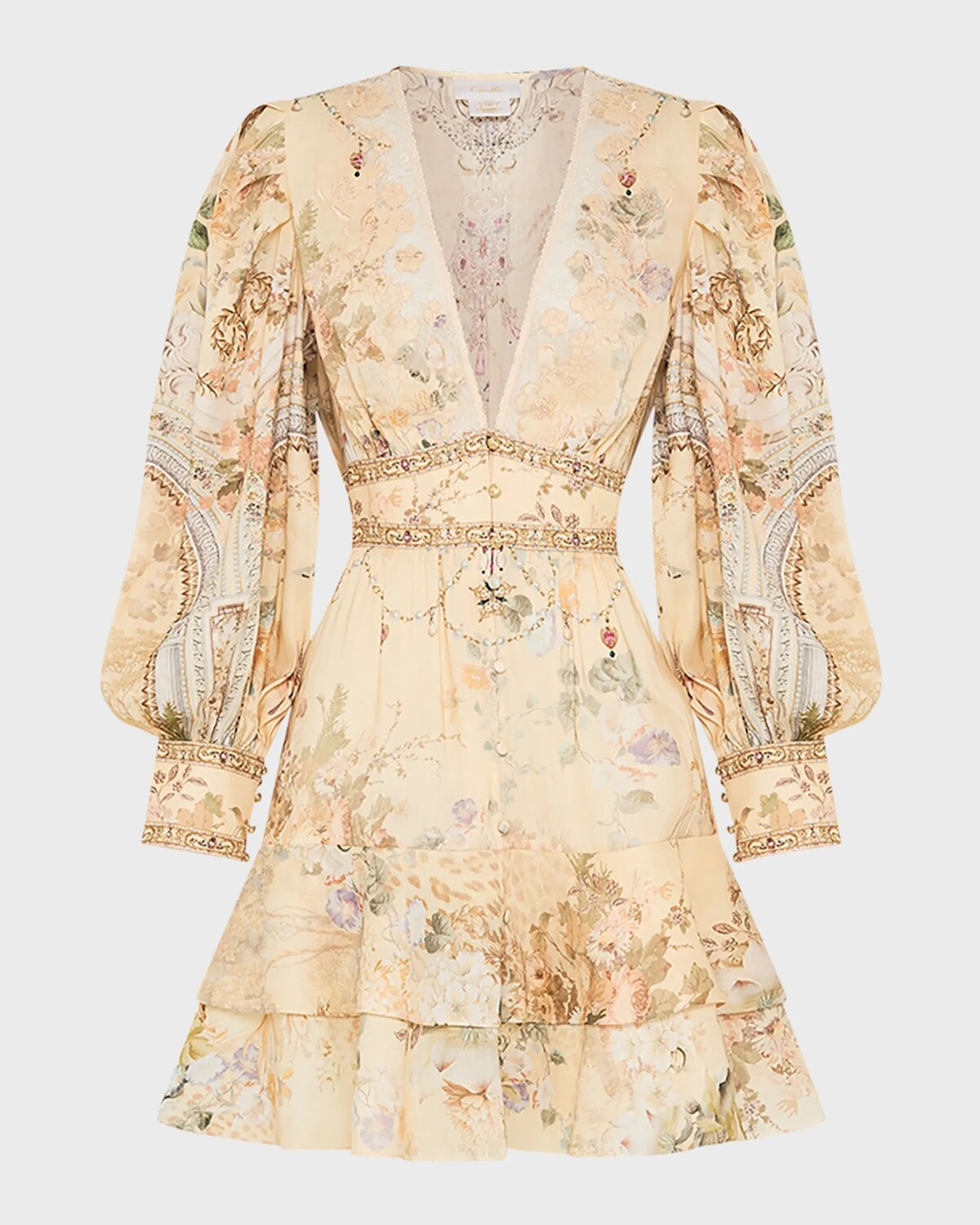 

Мини-платье из льна и шелка с оборкой на пуговицах спереди Camilla, цвет Adorned In Antiquity