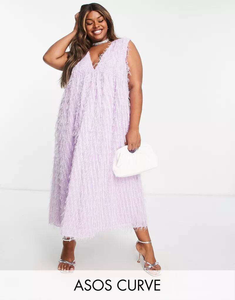 

Пышное ярусное платье миди с v-образным вырезом и подплечниками ASOS DESIGN Curve лавандового цвета