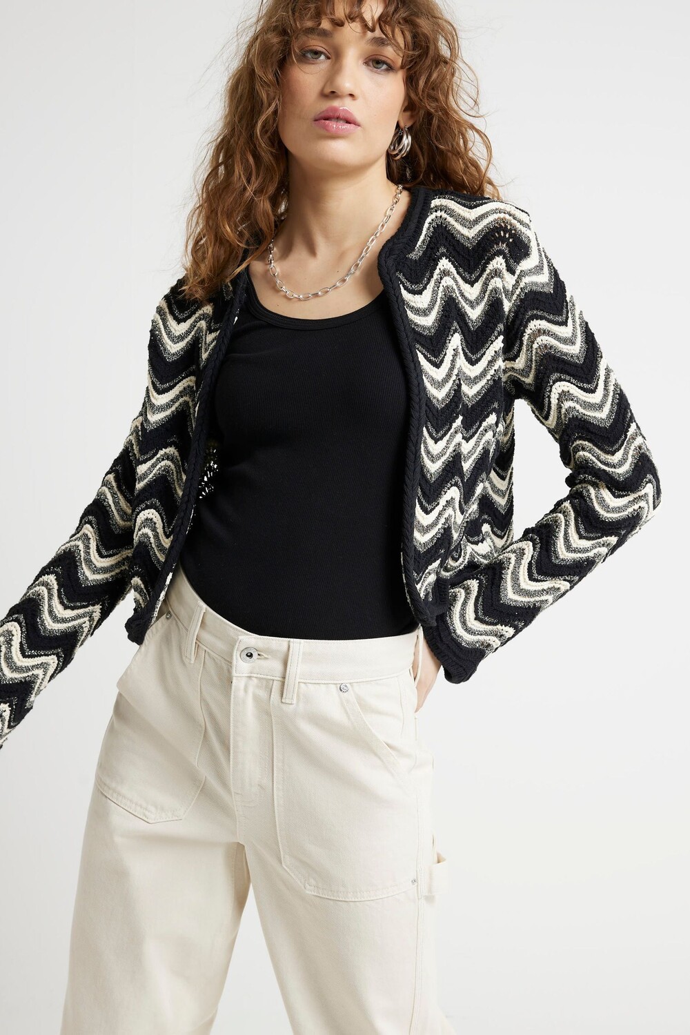 

Вязаный кардиган зигзагообразными узорами River Island, черный