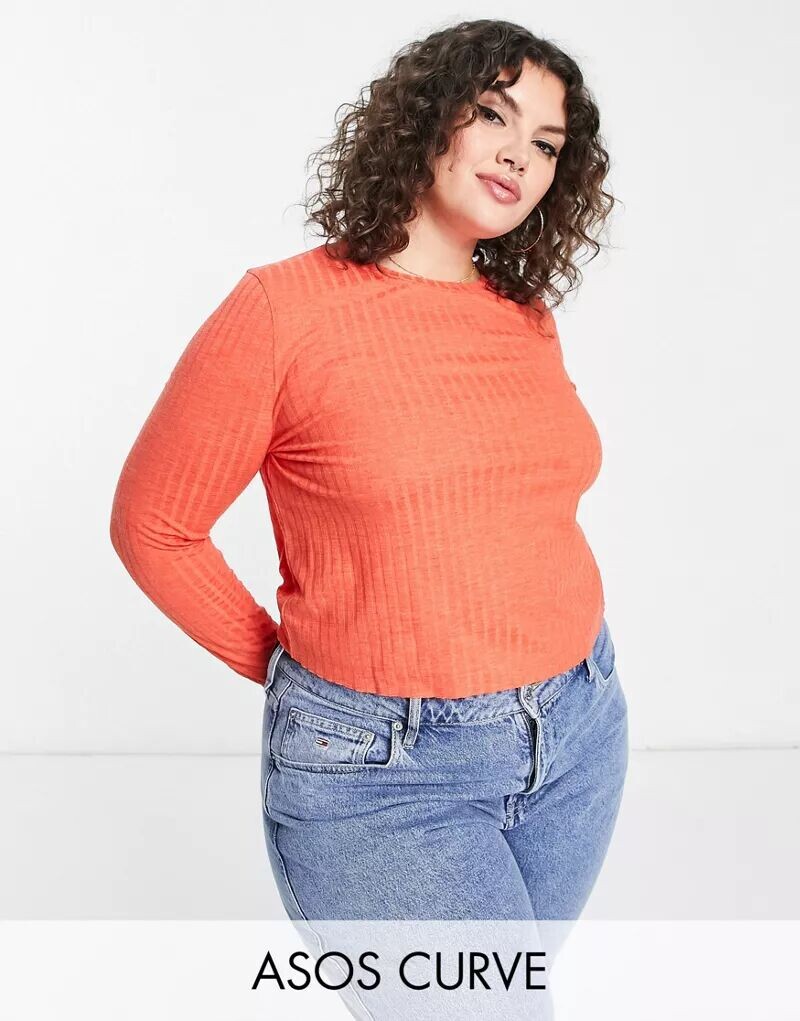 

Топ с длинными рукавами ASOS DESIGN Curve томатно-красного меланжа с объемной ребристой структурой