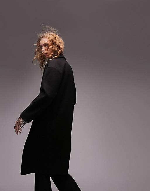 

Черное двубортное длинное пальто Topshop, Черный