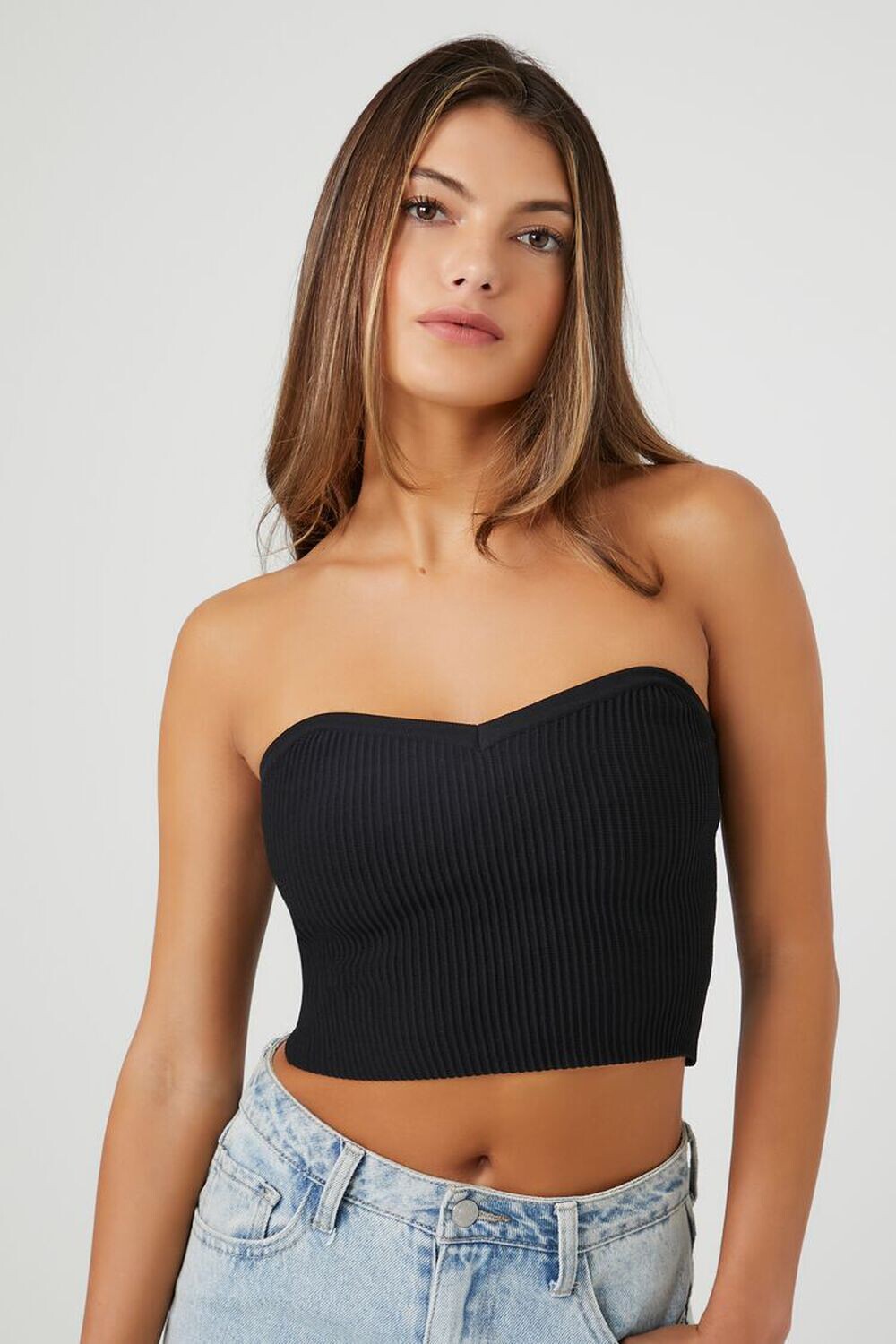 

Компактный трикотажный топ в рубчик Forever 21, черный