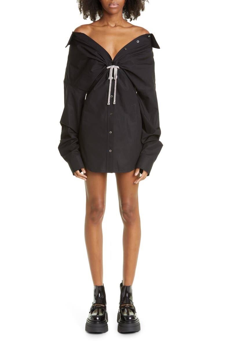 

Хлопковое платье-рубашка с длинными рукавами Athena Crystal Tie Off the Shoulder ALEXANDER WANG, черный