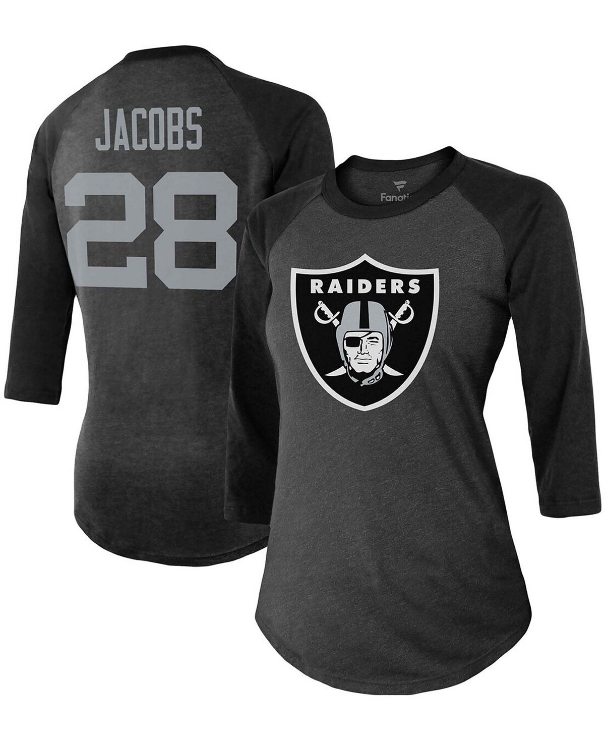 

Женская черная футболка Josh Jacobs Team Las Vegas Raiders, имя игрока, номер, футболка реглан трехцветной расцветки с рукавами 3/4 Fanatics, черный