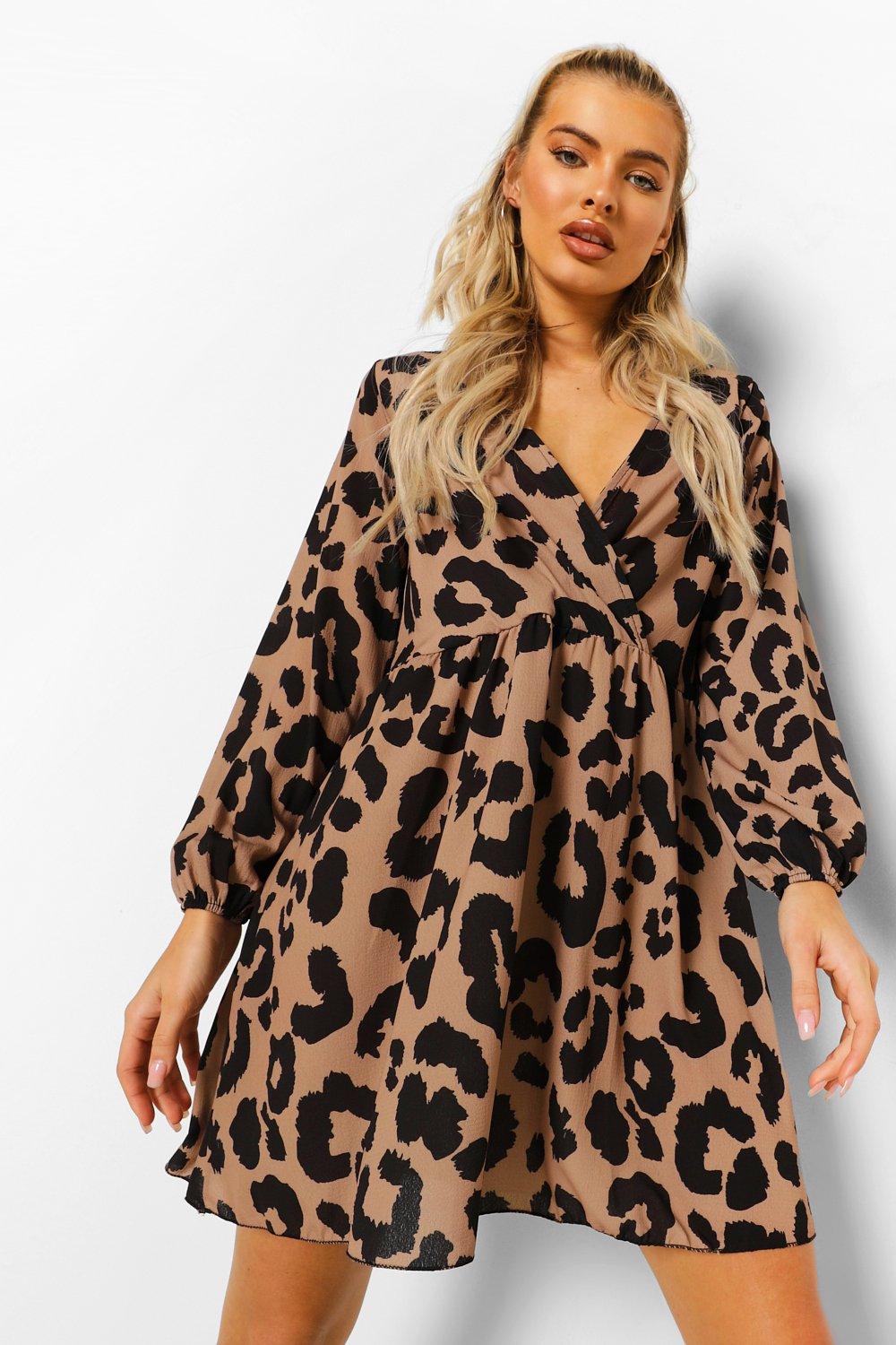 Леопардовое платье с запахом передней части Boohoo, коричневый
