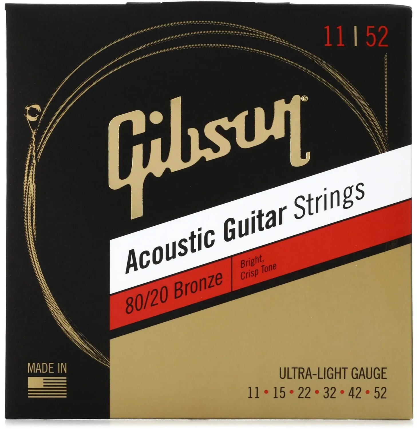 

Аксессуары Gibson SAG-BRW11 80/20 Бронзовые струны для акустической гитары — .011-.052 Ультра легкие