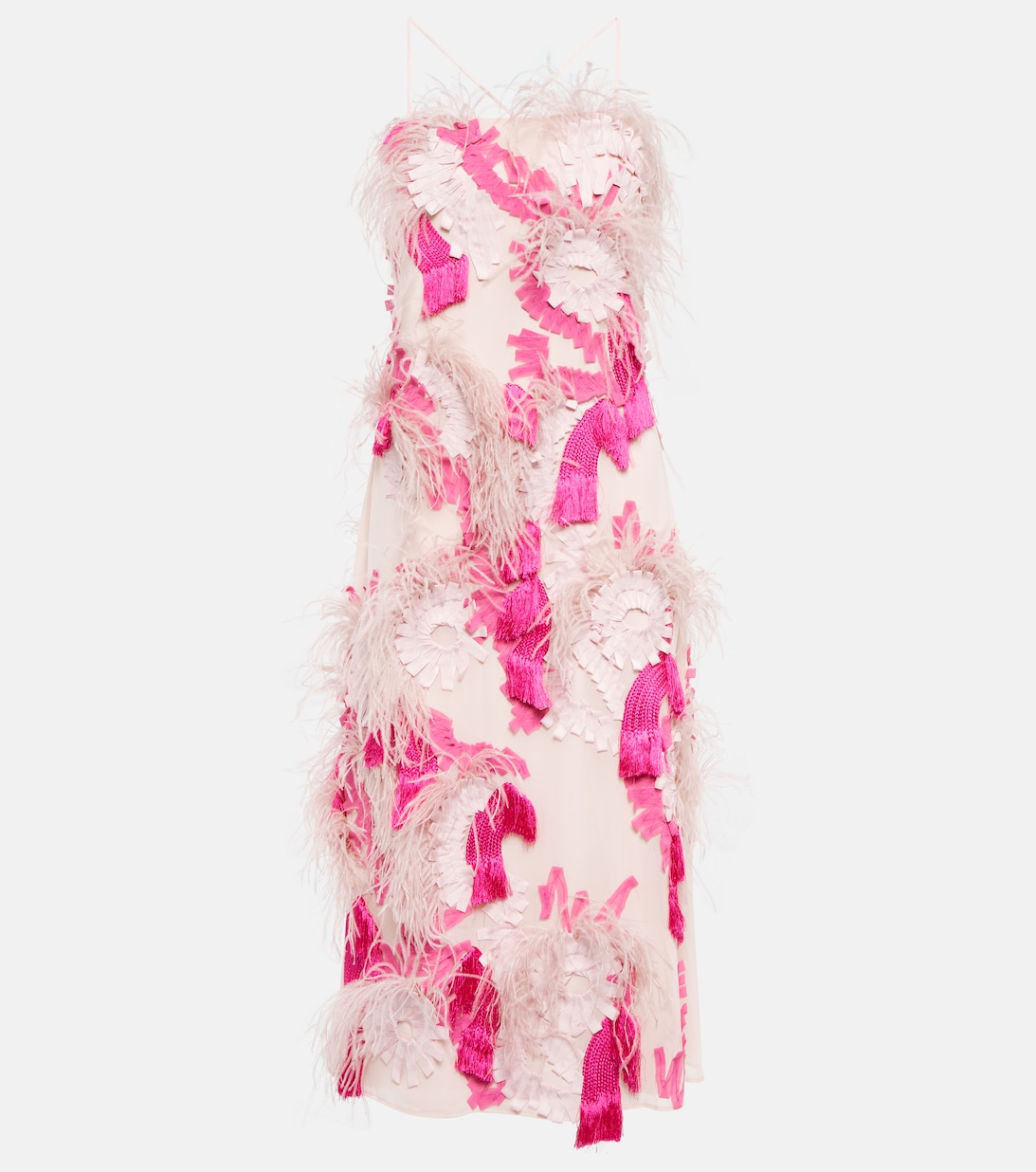 Платье миди с вышивкой и отделкой перьями XU ZHI, розовый
