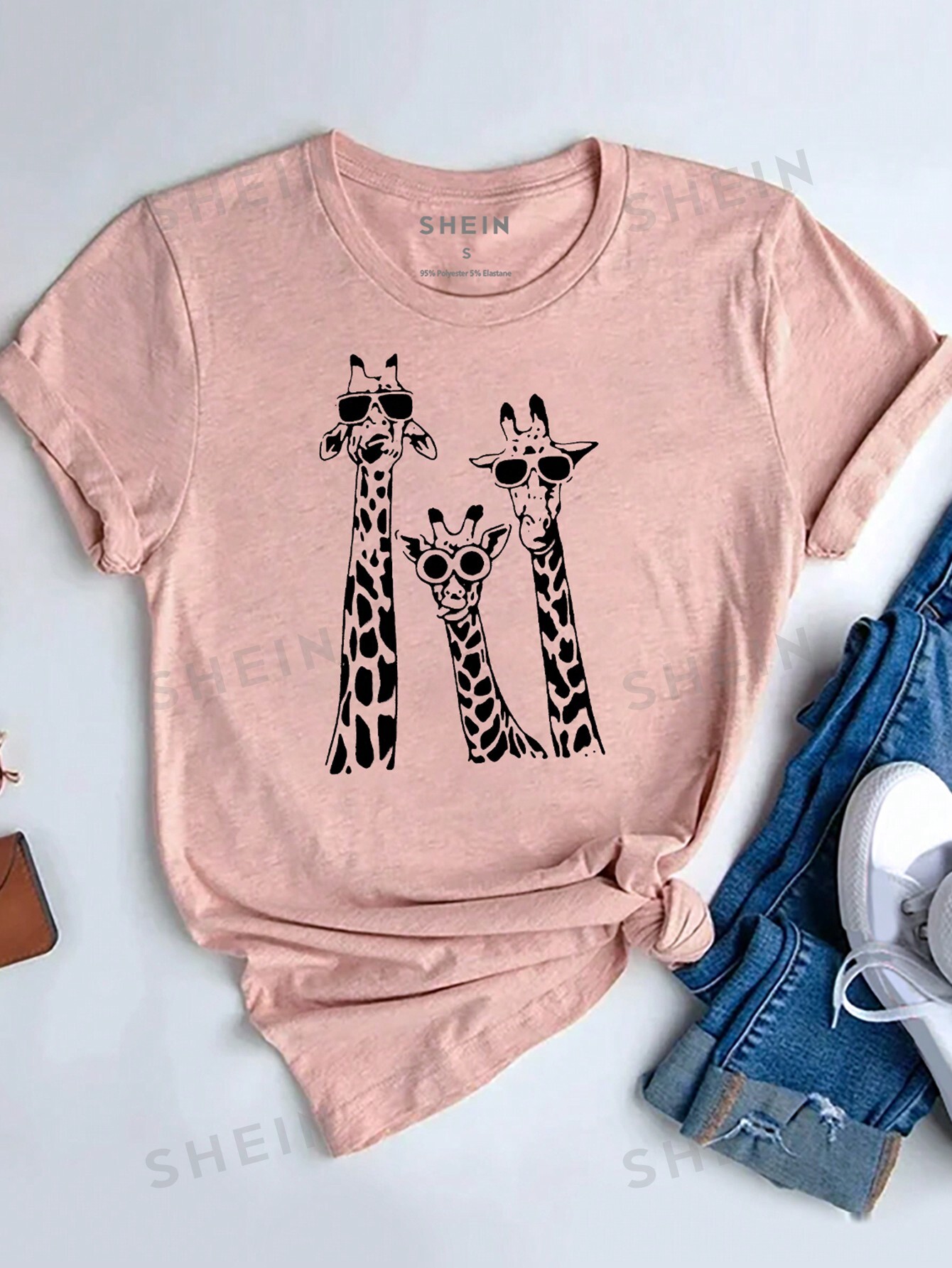 цена SHEIN LUNE Женская футболка с круглым вырезом и короткими рукавами с принтом жирафа, розовый