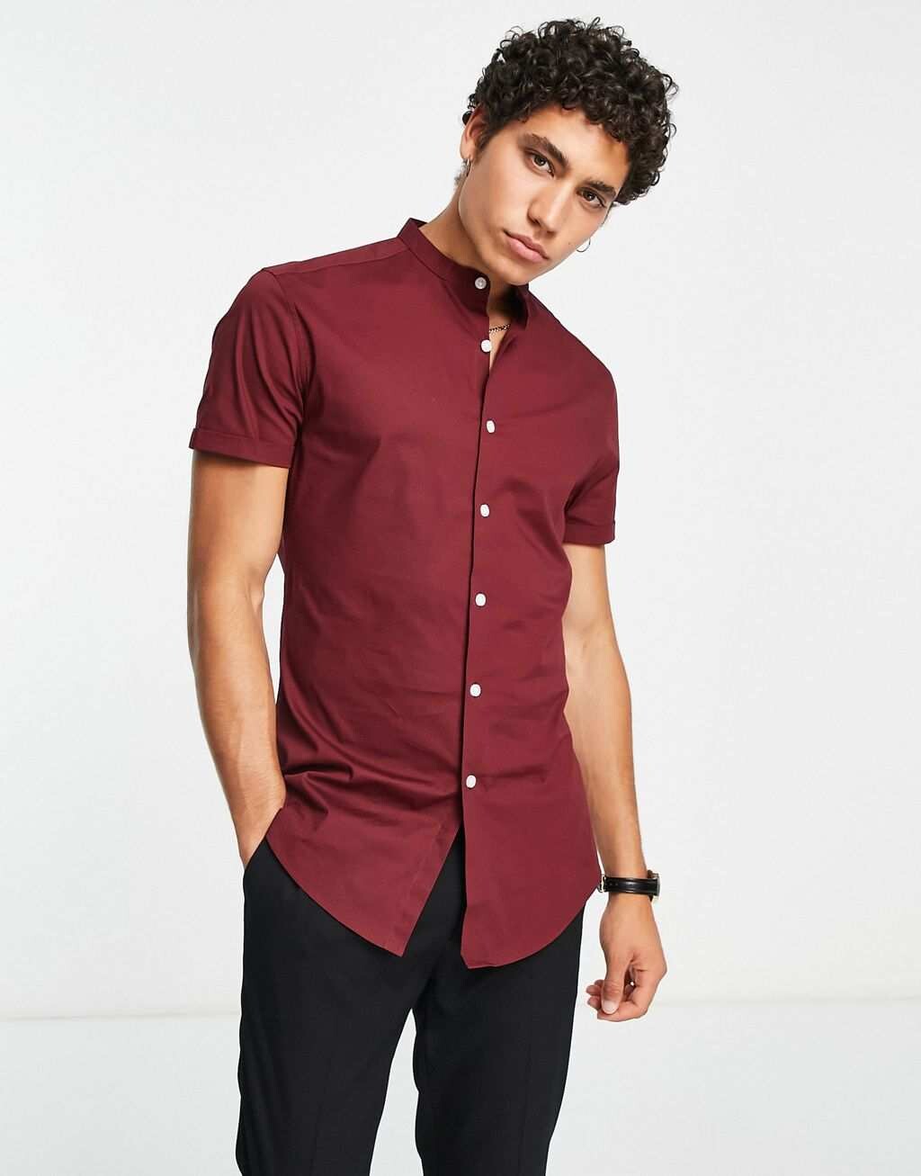 

Бордовая рубашка скинни скинни с дедушкиным воротником ASOS DESIGN