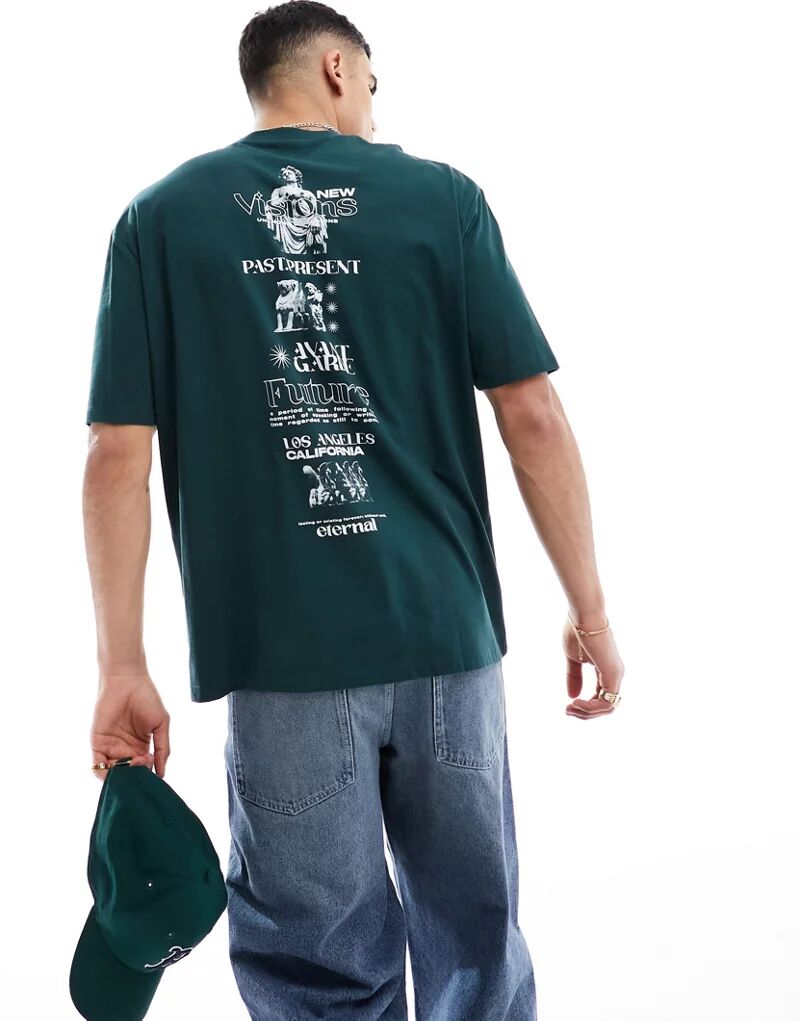 Темно-зеленая футболка оверсайз ASOS с принтом в стиле ренессанс на спине вдоль спины