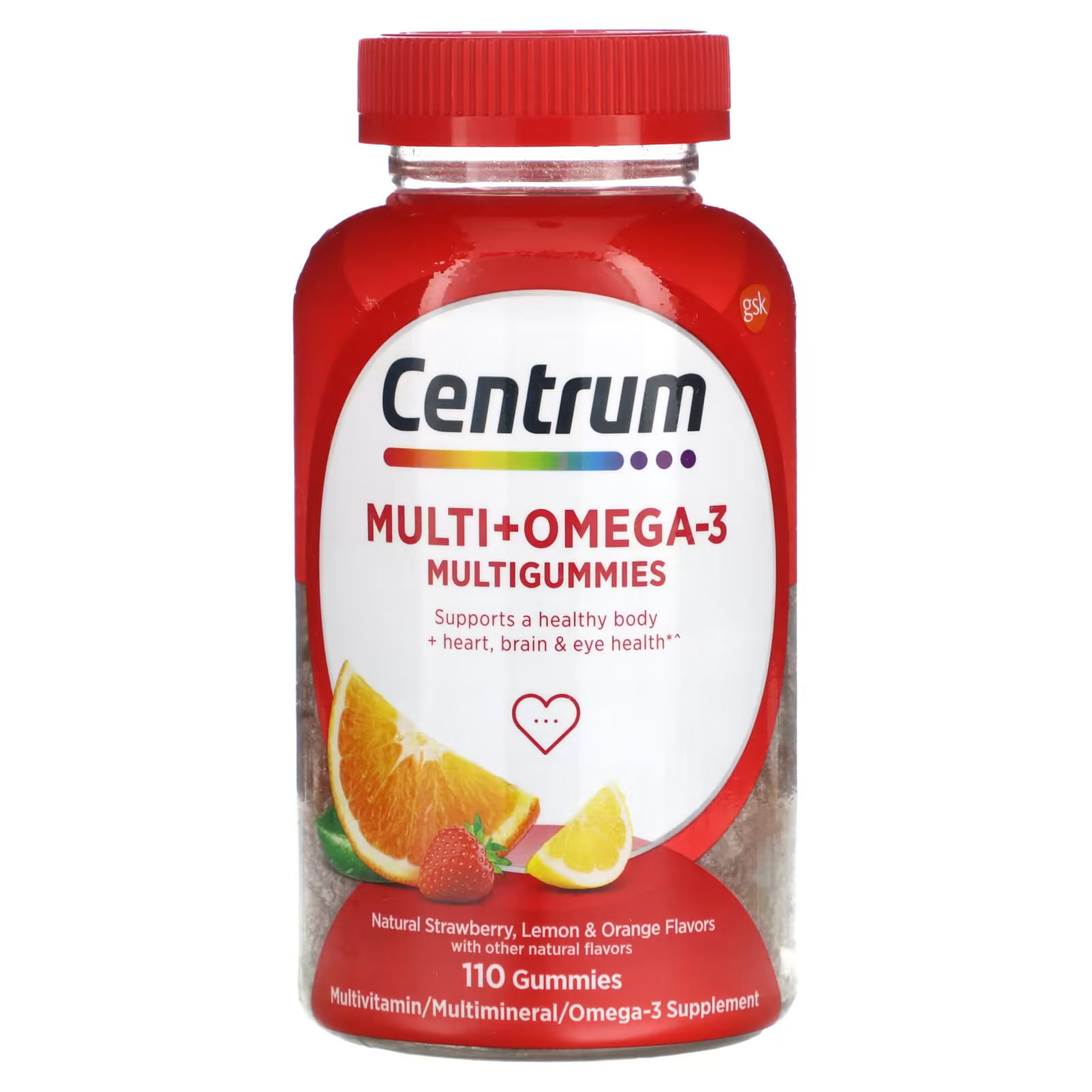 Мультивитаминная добавка Centrum Multi + Omega-3 Multigummies клубника, лимон и апельсин, 110 жевательных конфет мультивитамины centrum multigummies adults 50 120 жевательных конфет