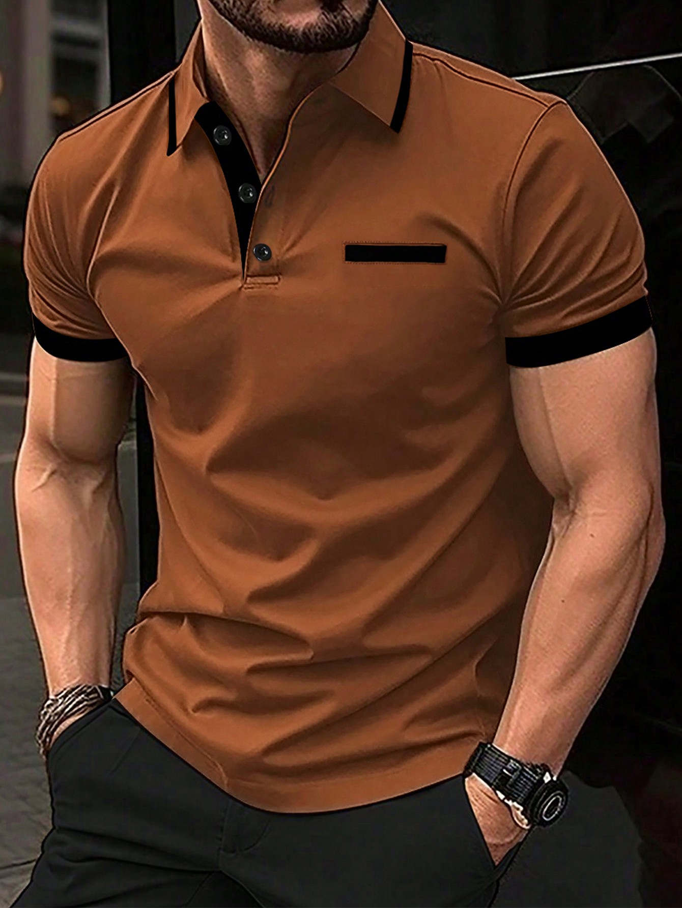 Мужская рубашка-поло контрастного цвета Manfinity Homme, коричневый цена и фото