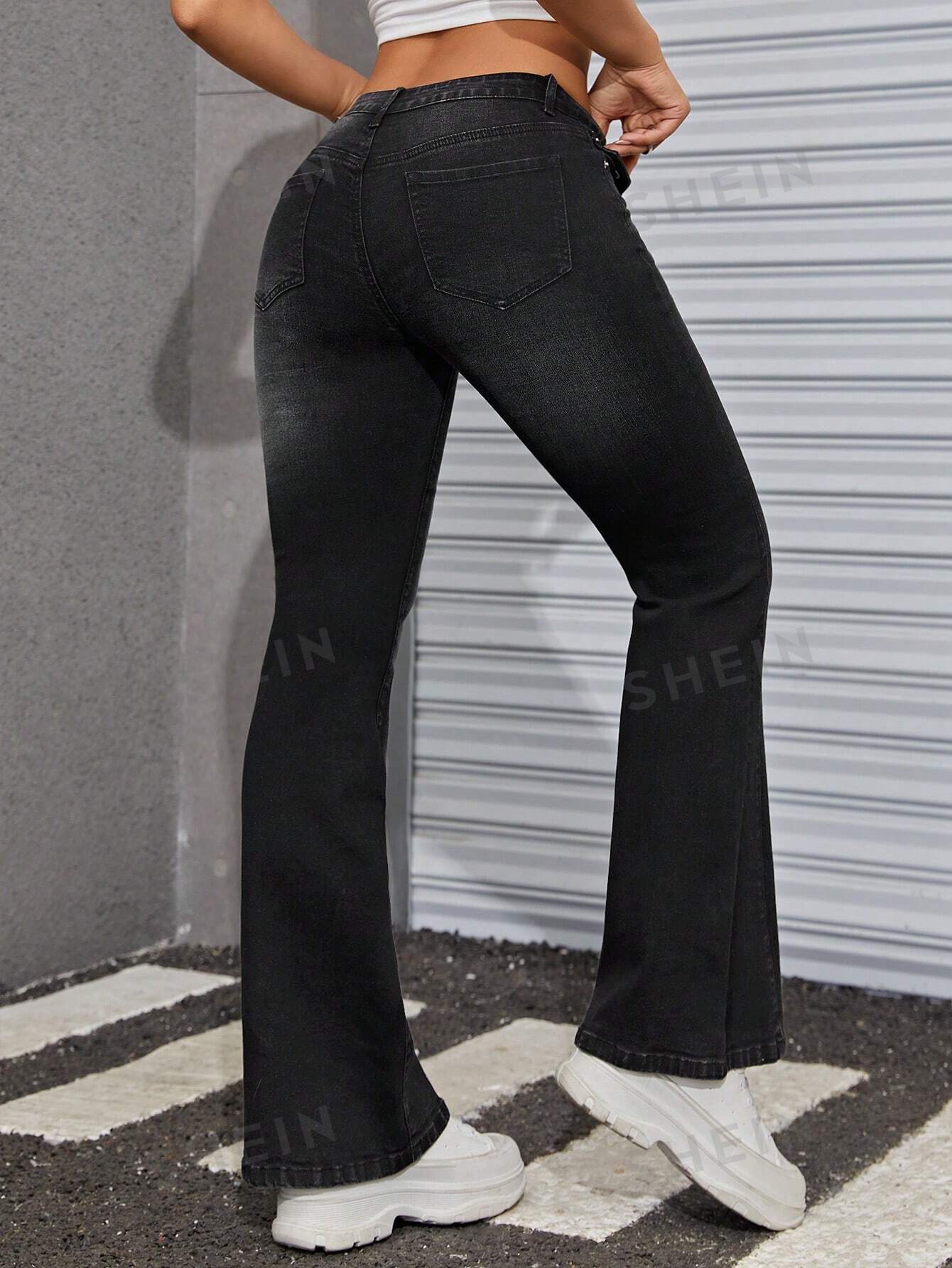 women skinny flare leggings jeans y2k high waist stretch slim denim pants vintage wide leg casual jeans elastic flare trousers SHEIN ICON Расклешенные джинсы с низкой талией и косыми карманами, черный