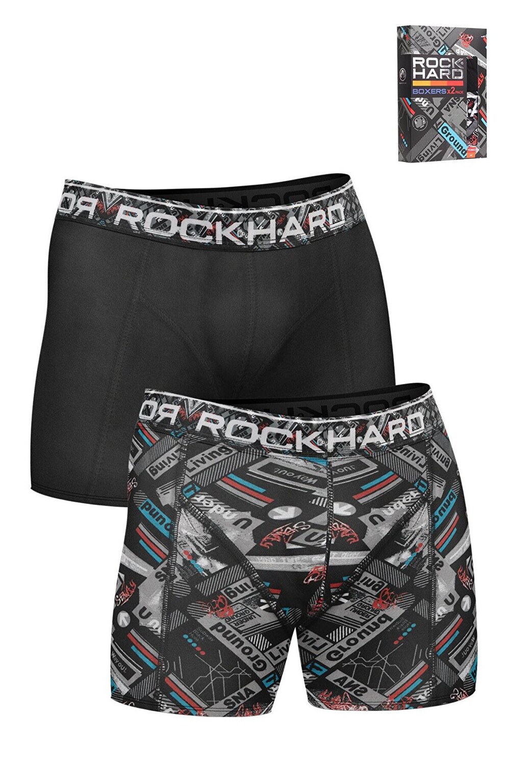 

Мужские однотонные боксеры с принтом, коробка из 2 шт. ROCKHARD, черно-белый