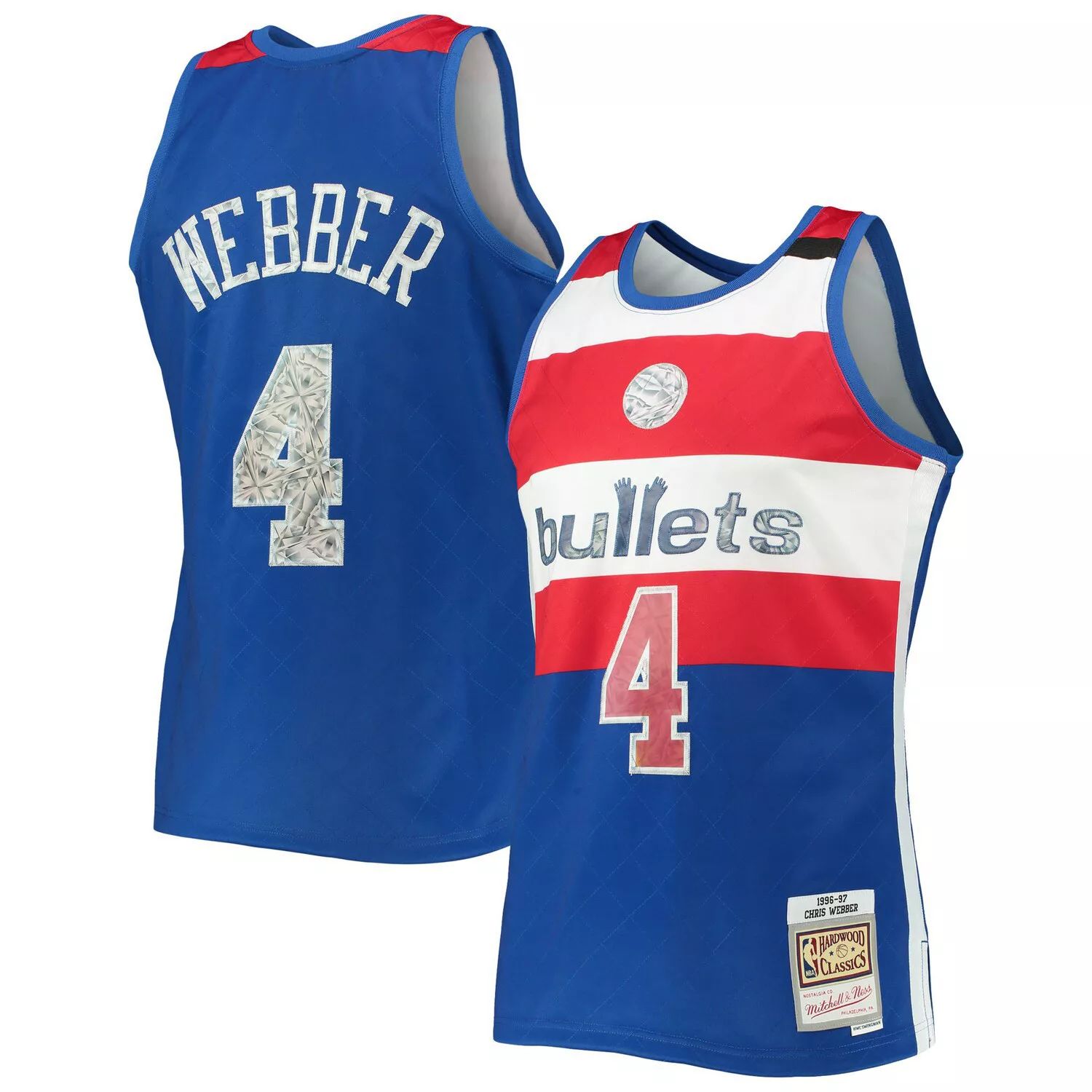 

Мужская футболка Mitchell & Ness Chris Webber Blue Washington Bullets 1996-97 Hardwood Classics NBA Diamond Swingman, посвященная 75-летию НБА