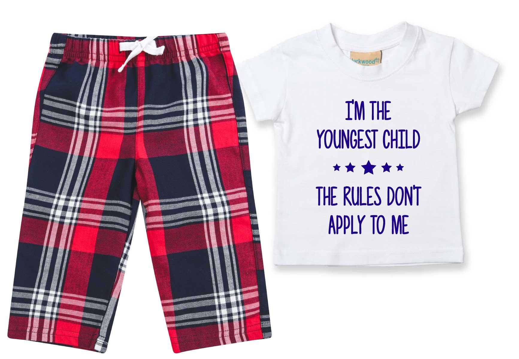 Я самый младший. «Правила ко мне не применимы». Пижамы. Детский пижамный комплект с брюками в клетку тартан. 60 SECOND MAKEOVER, красный