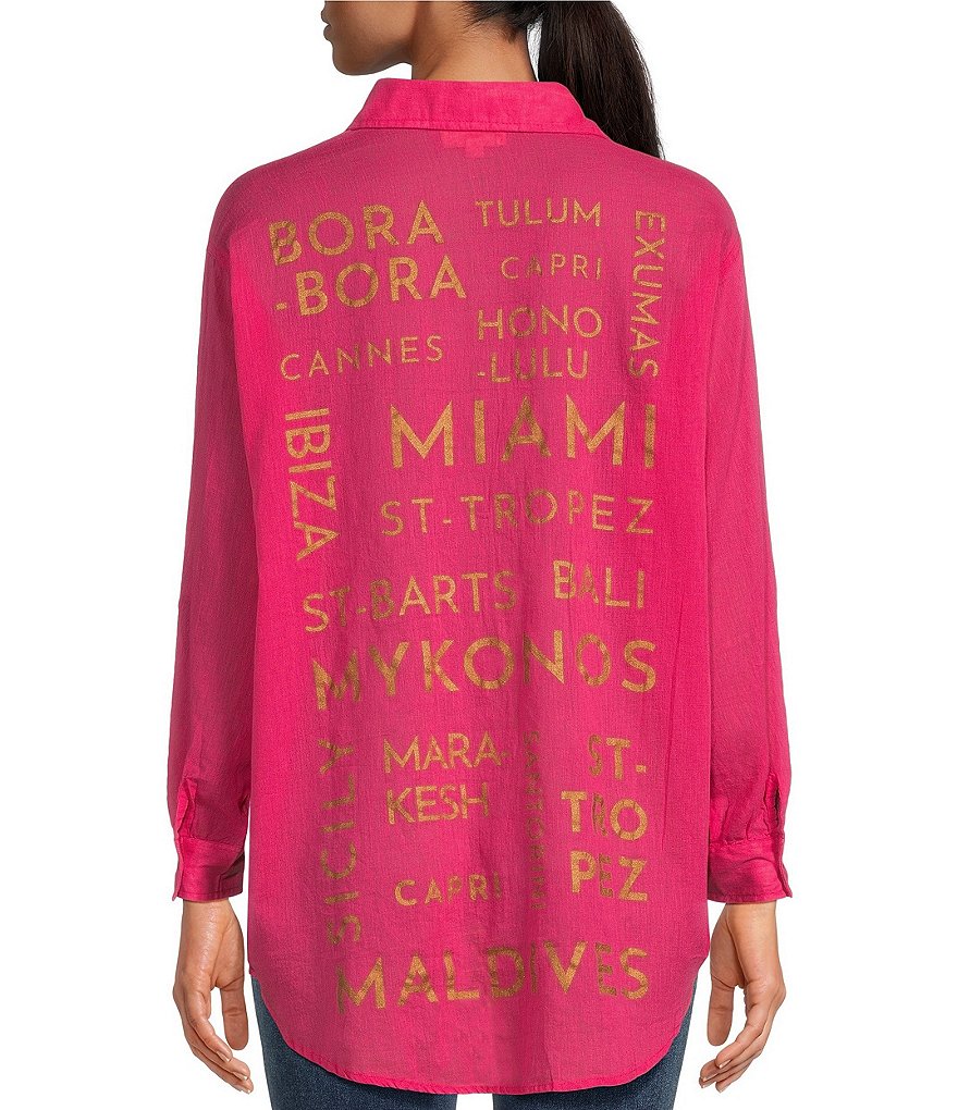 Рубашка ELAN с графическим принтом и воротником с высоким и низким подолом, длинными рукавами и пуговицами спереди, розовый