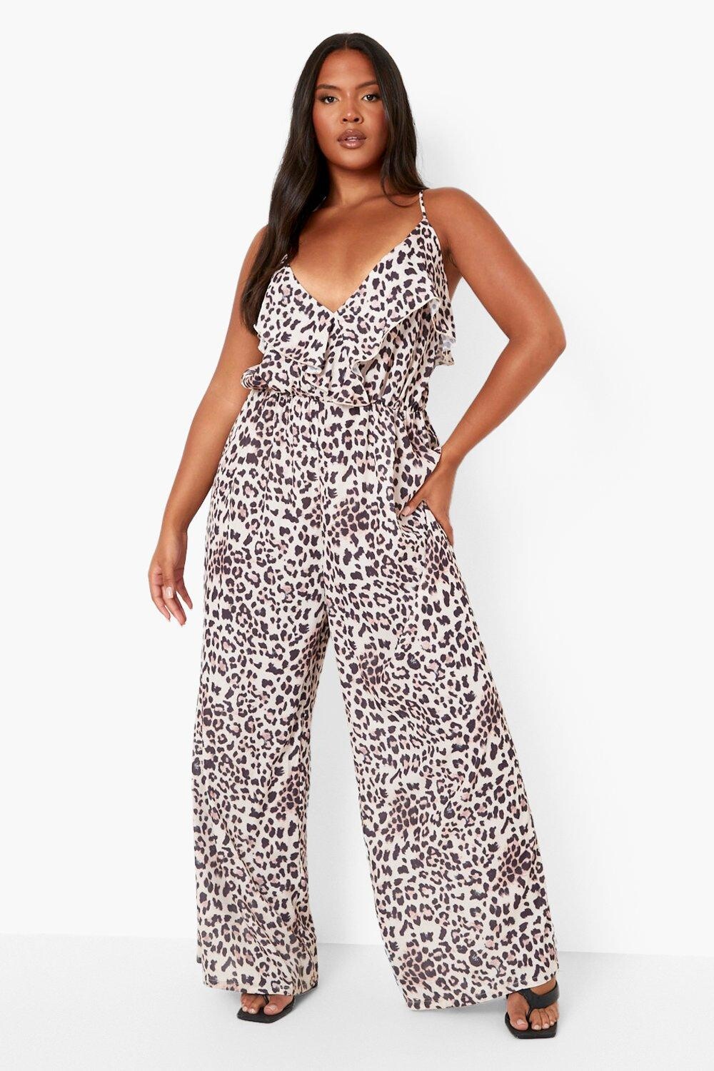 

Комбинезон plus леопардовый с руфлями Boohoo, коричневый